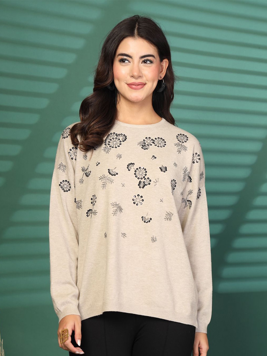 

Mafadeny Women Floral Printed Round Neck Top, Off white