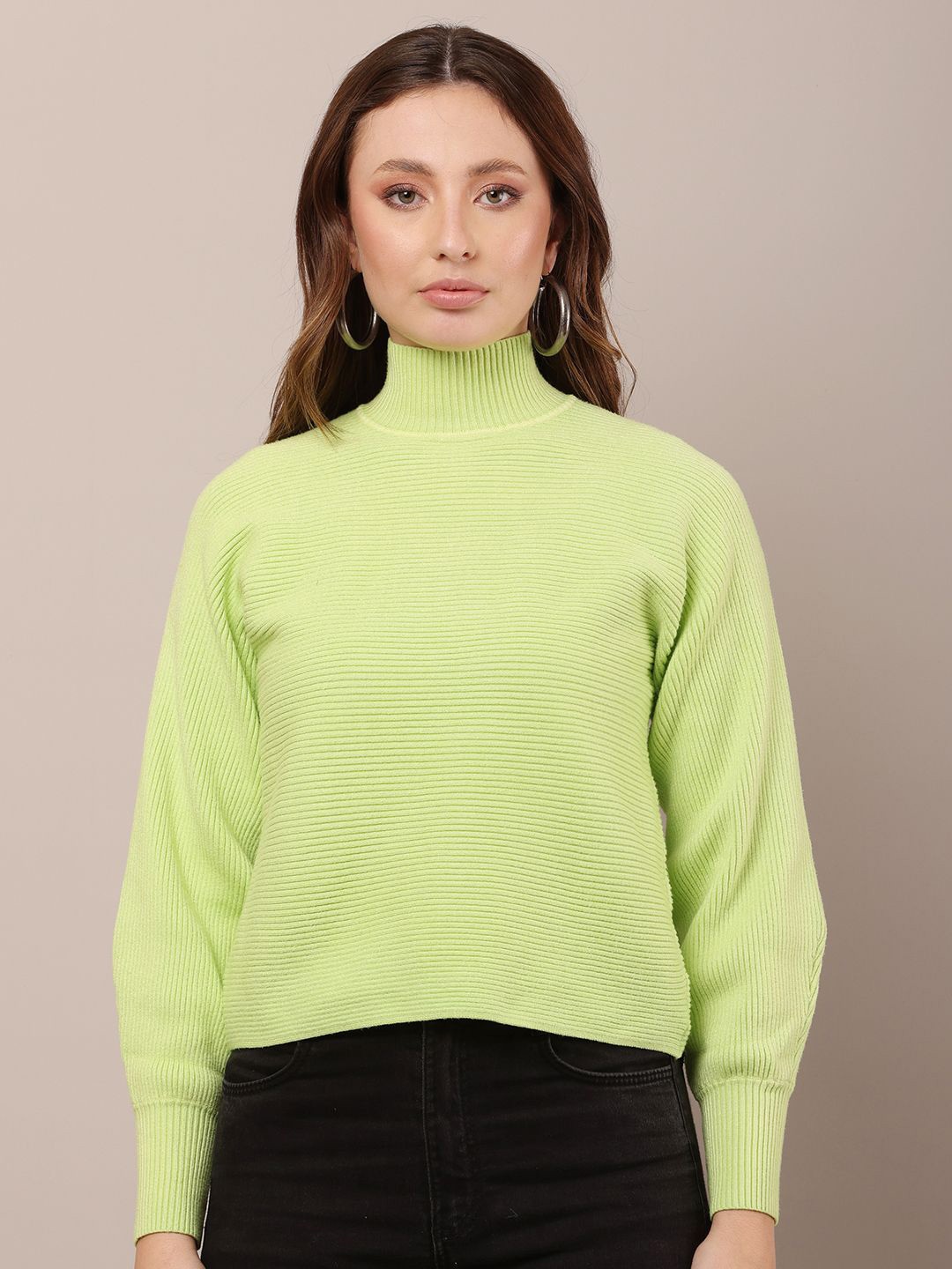 

NoBarr Women Striped Turtle Neck Long Sleeves Pullover, Green