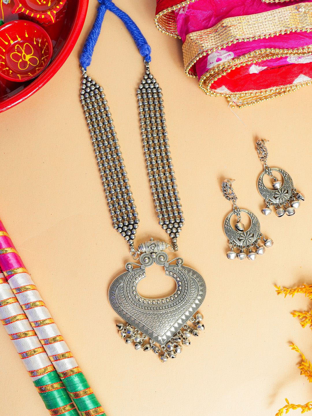 

VIRAASI Oxidised Beaded Jewellery Set, Silver