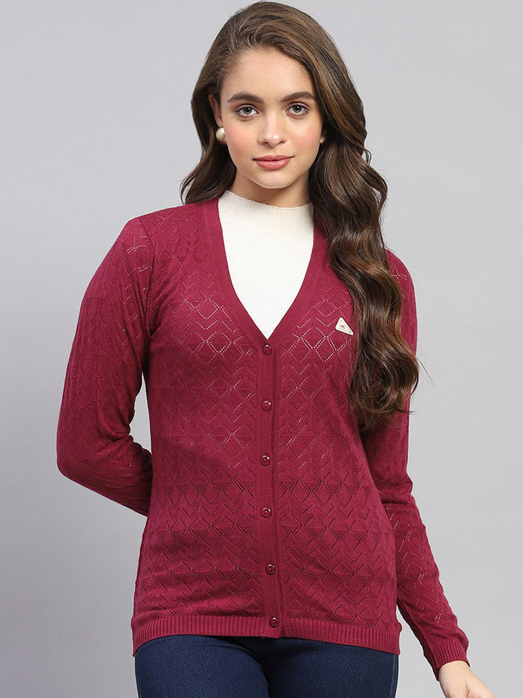 

Monte Carlo Women Self Design Woollen Cardigan with Fuzzy Detail, Maroon