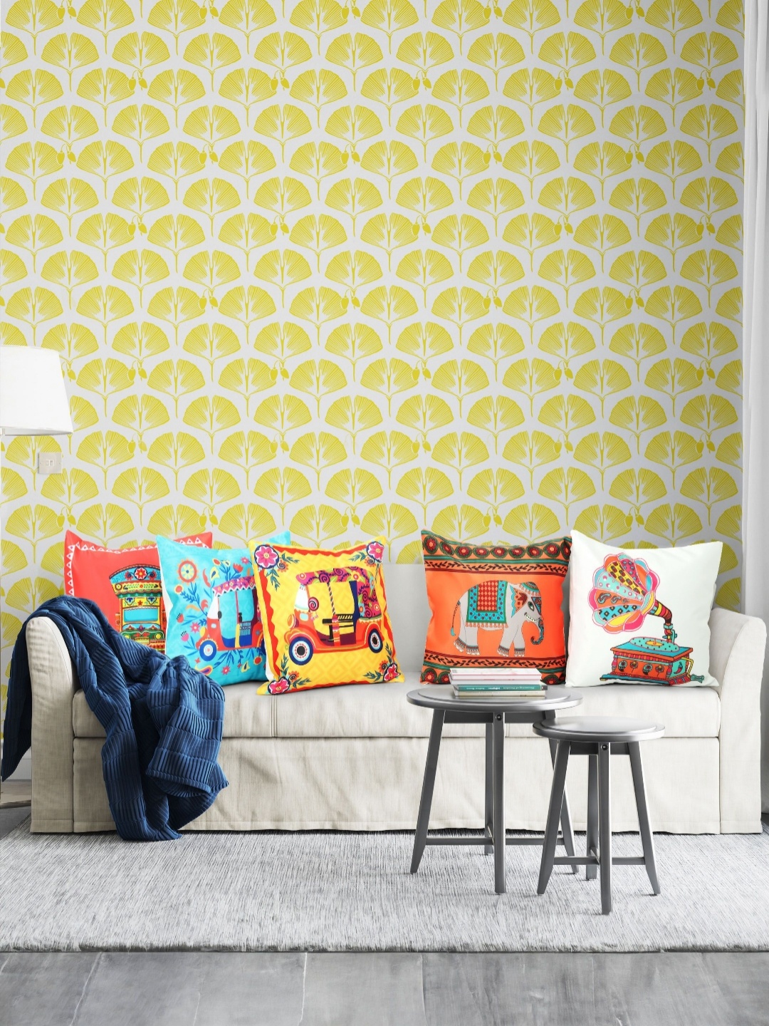

Vendola Blue & Yellow 5 Pieces Quirky Printed Square Shaped Cushion Covers