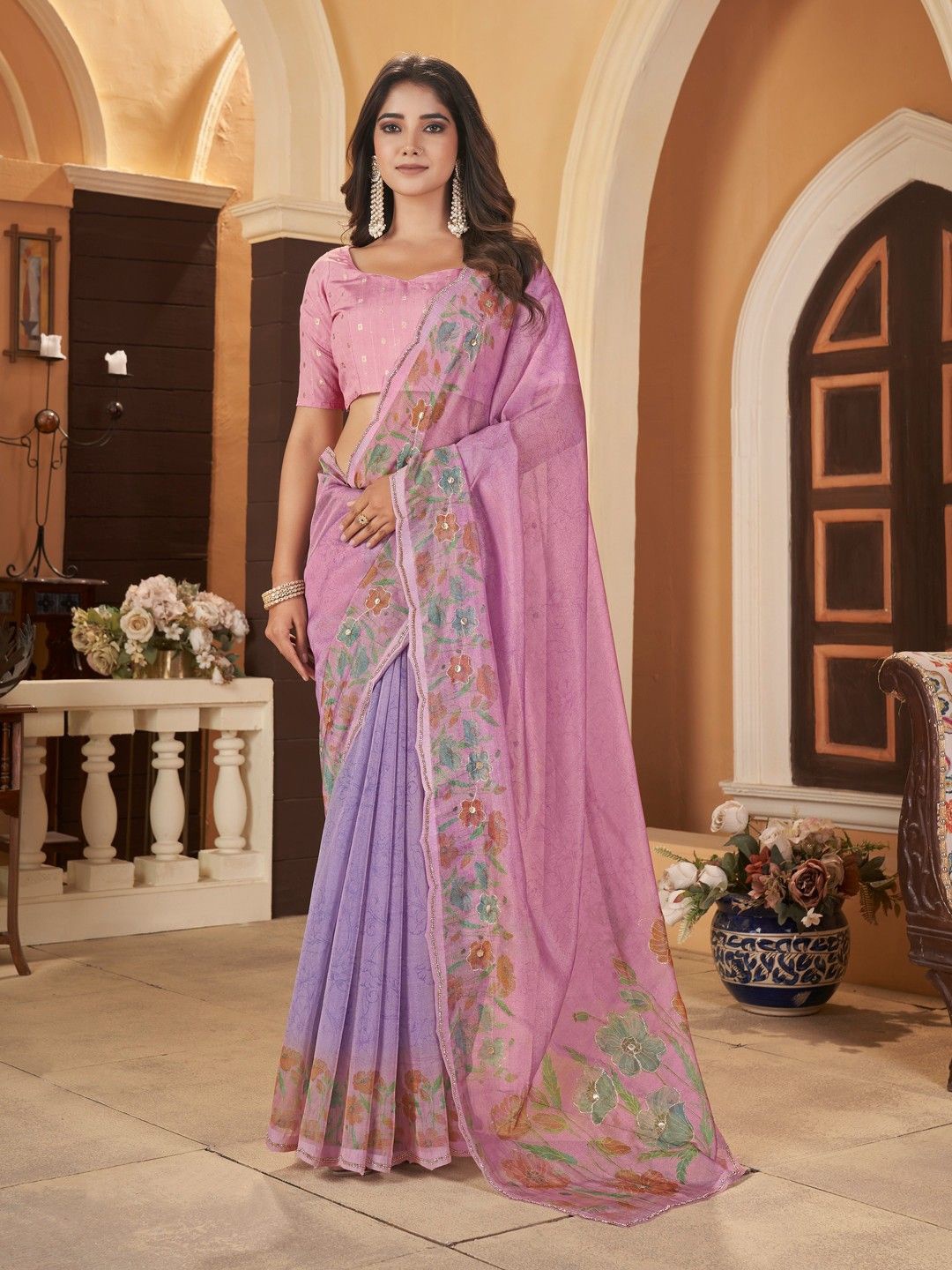 

Mitera Floral Printed Beads and Stones Organza Saree, Purple