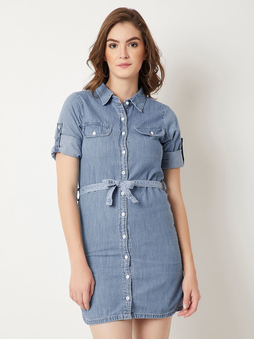 

BAESD Women Round Neck Roll Up Sleeve Buttoned Mini Belted Collared Denim Shirt Dress, Blue