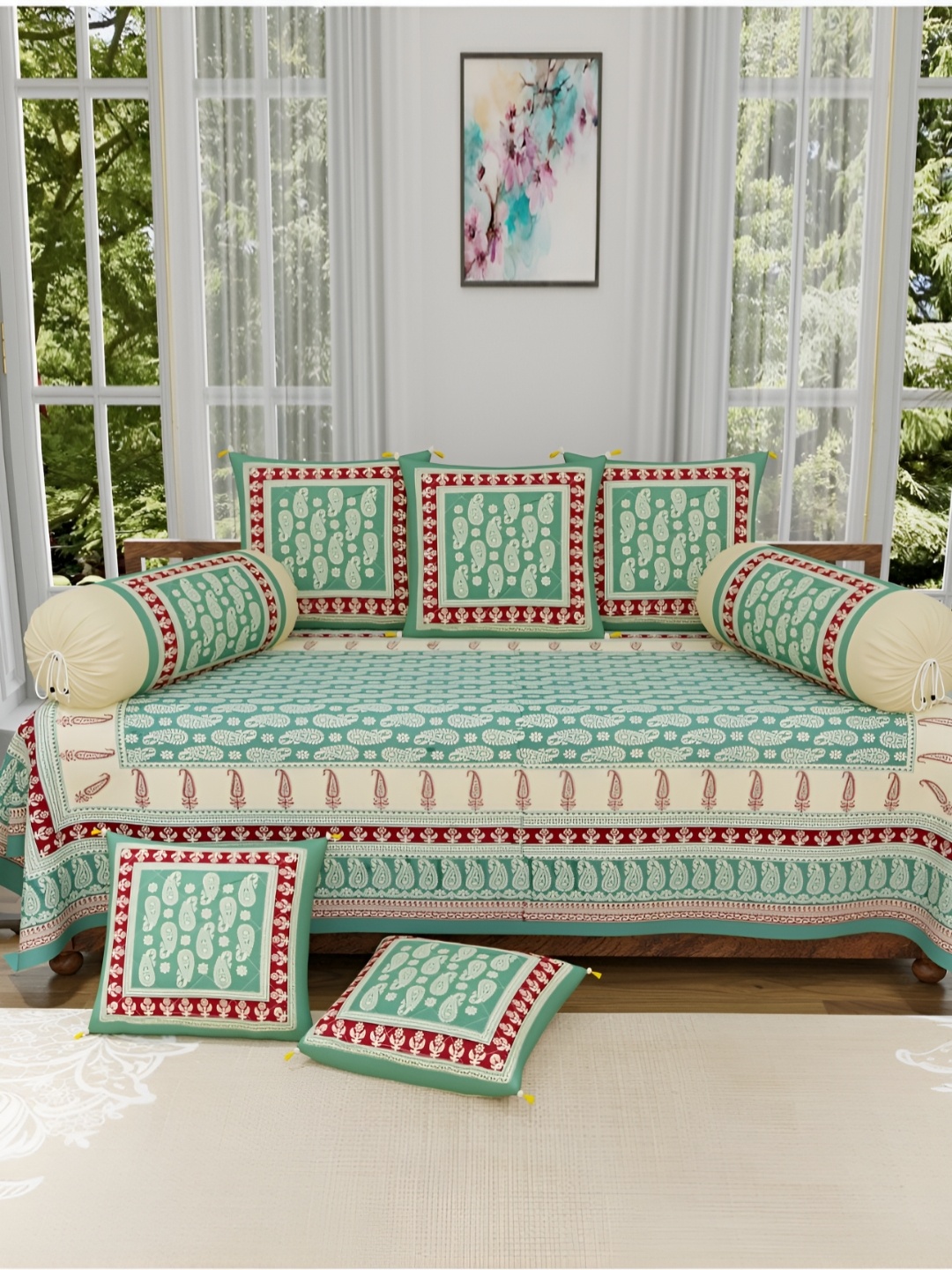 

The Craft Monk 8-Pcs Beige & Green Printed Pure Cotton Diwant Set