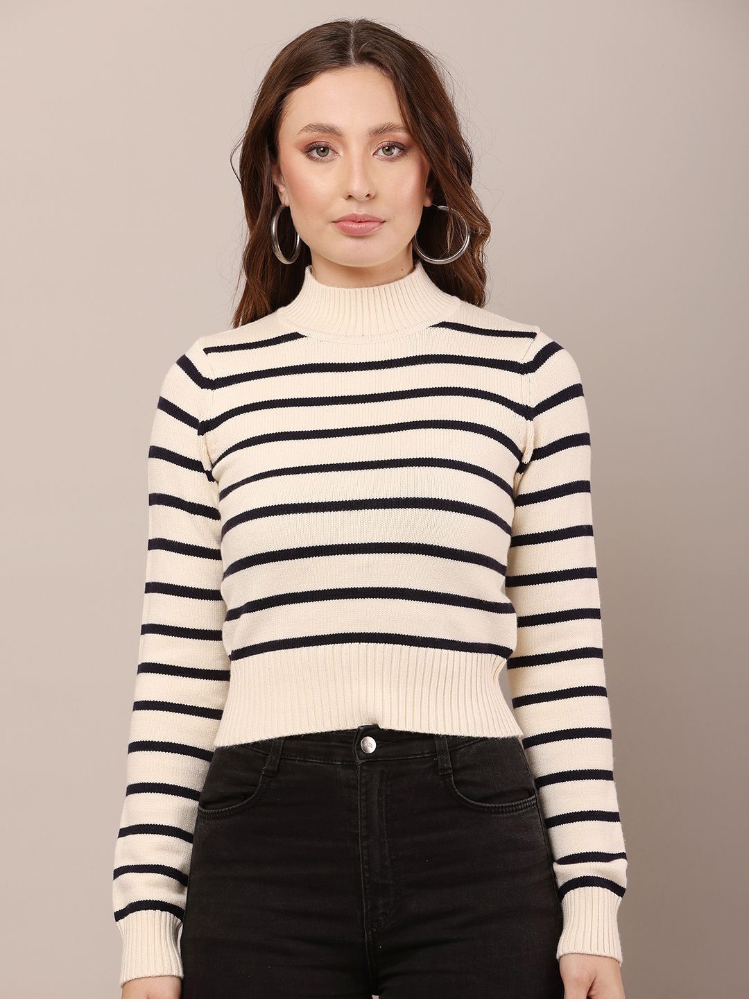 

NoBarr Women Striped Pullover, Cream