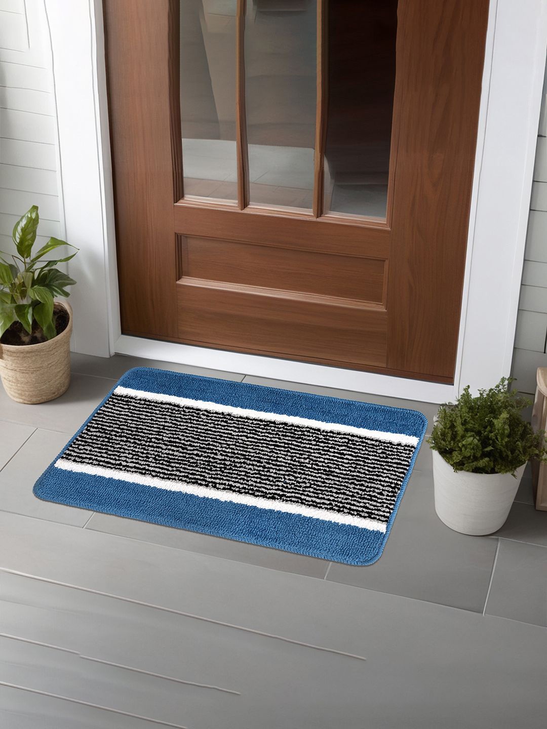 

Kuber Industries Blue & Black 6 Pieces Striped Anti-Skid Microfiber Doormats