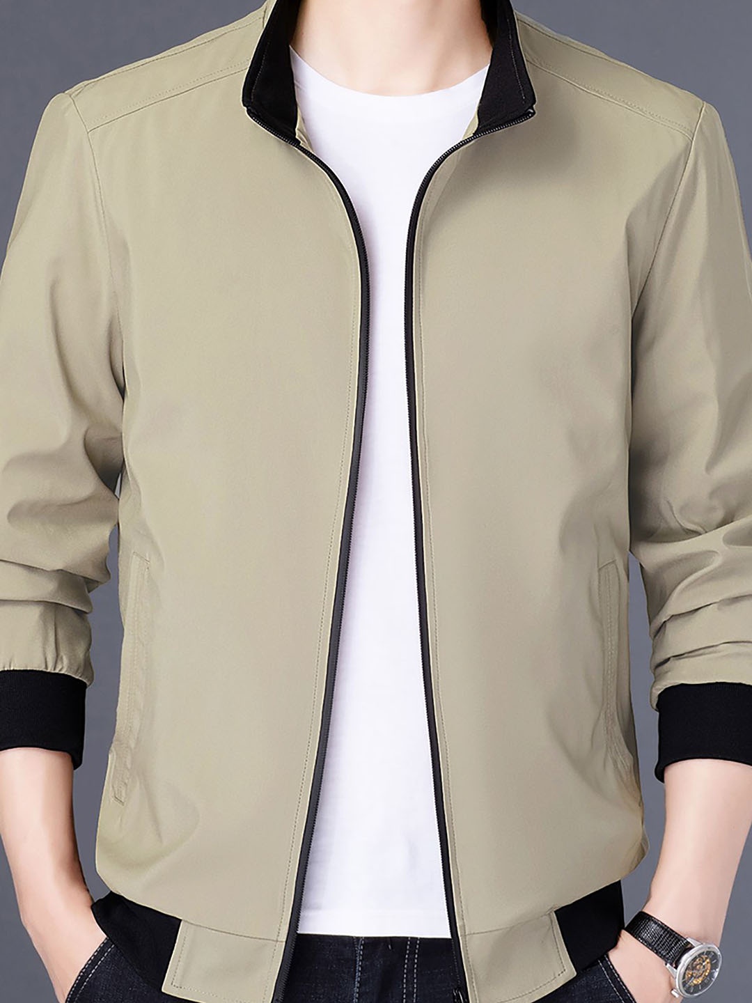 

StyleCast x Revolte Men Stand Collar Bomber Jacket, Khaki