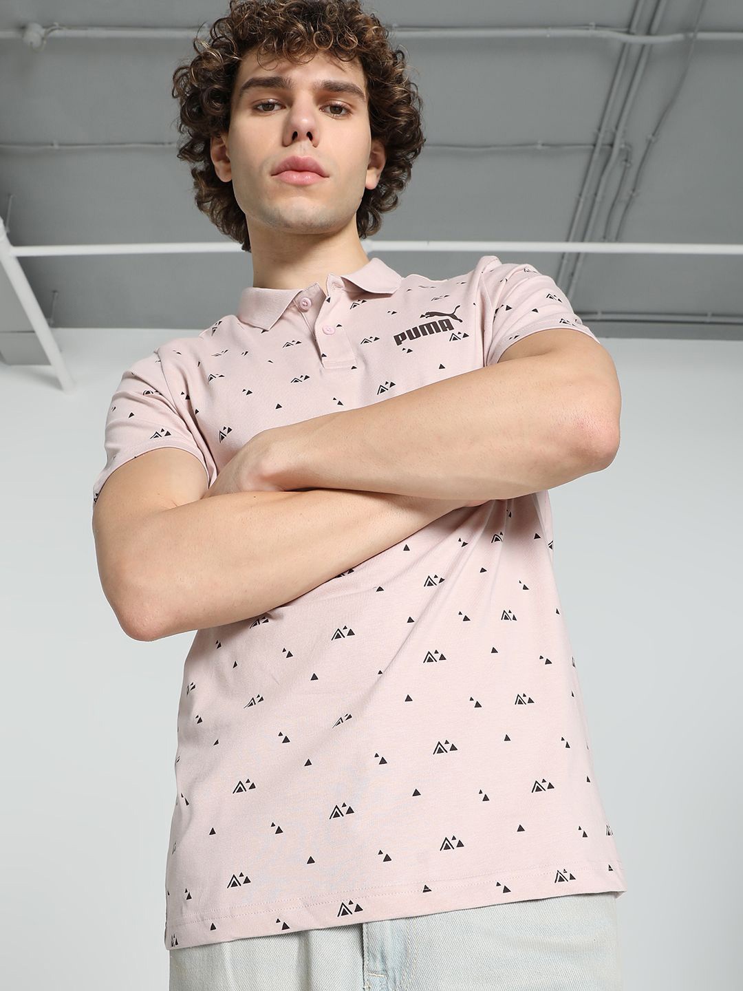 

Puma ESS + Aop Men Geometric Printed Slim Fit Polo Collar Cotton T-shirt, Pink
