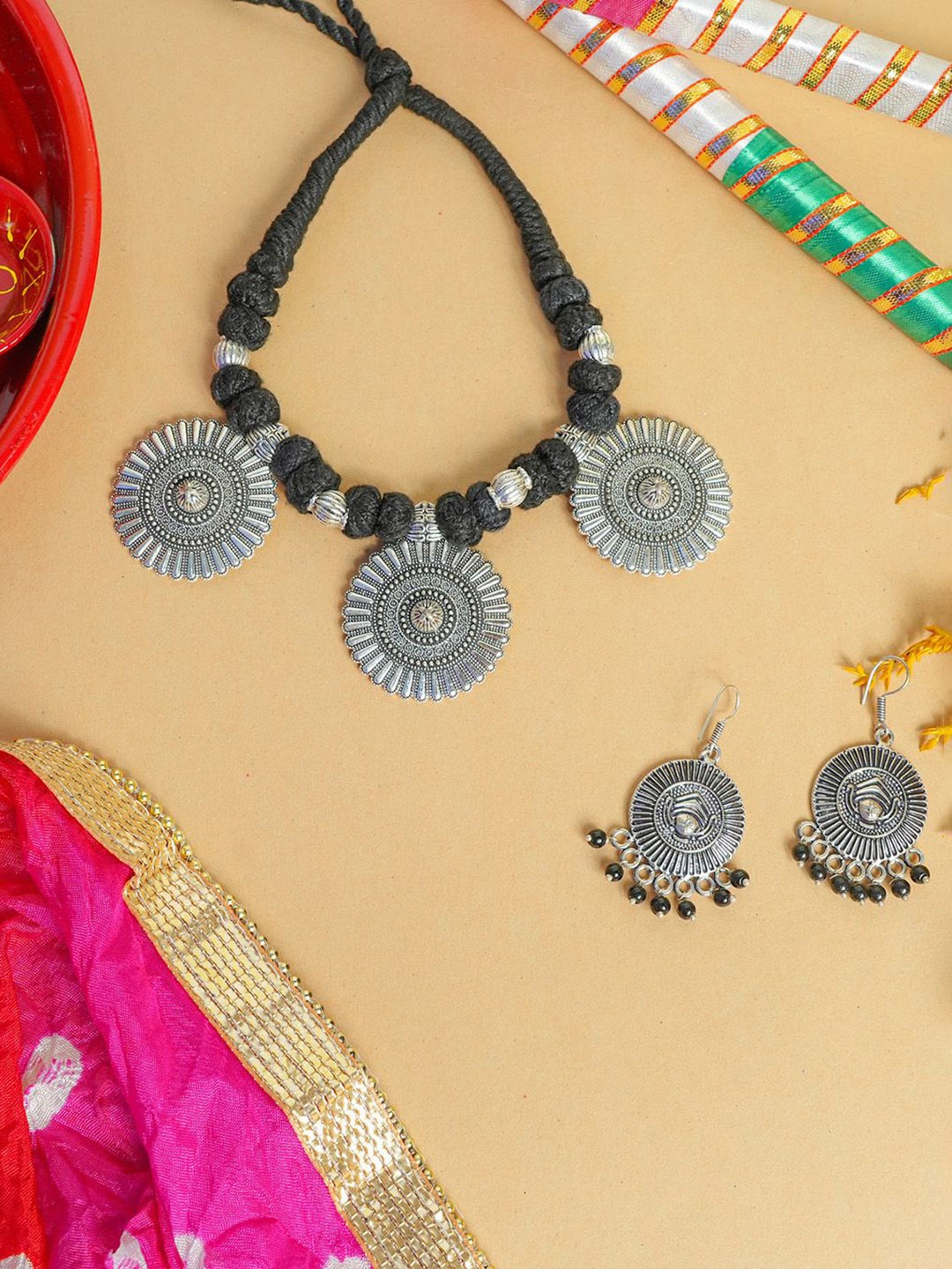 

VIRAASI Beaded Oxidised Jewellery Set, Silver