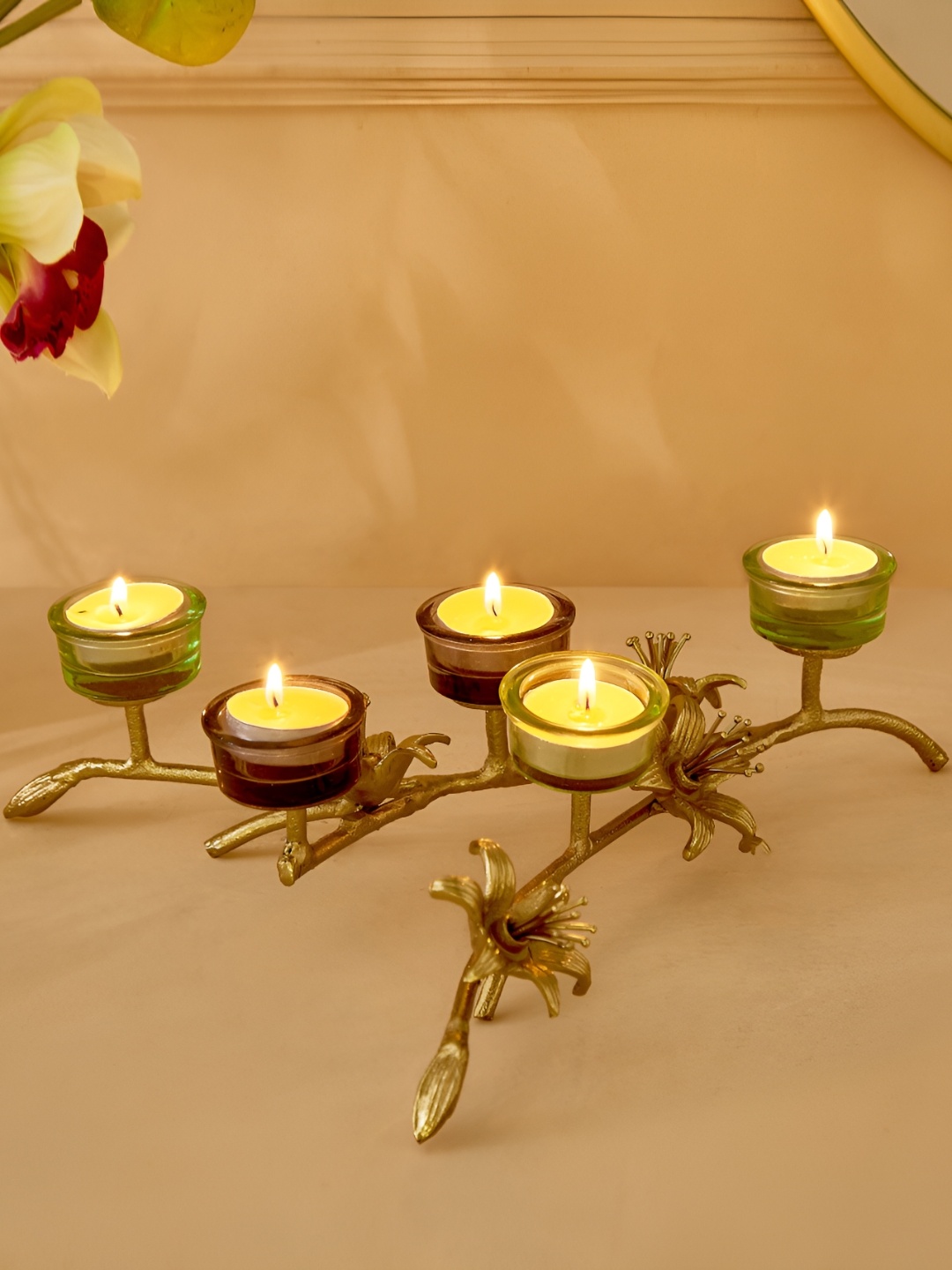 

Home Centre Gold-Toned & Green Glass Candle Holder
