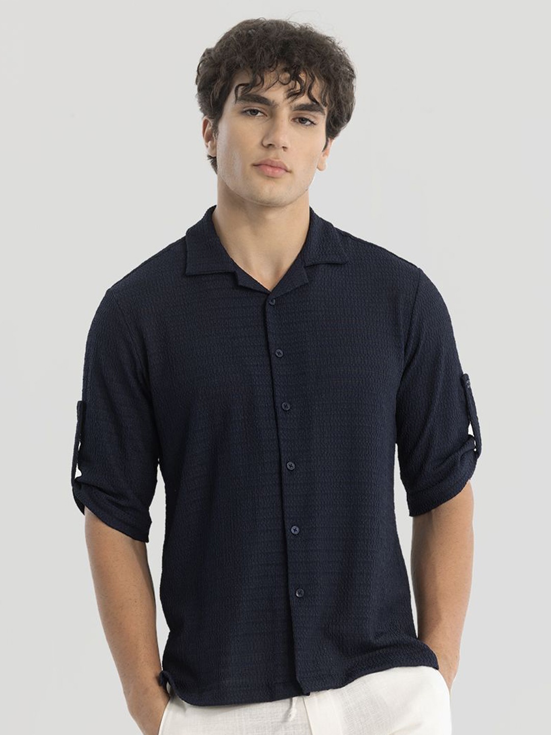 

Snitch Men Comfort Cuban Collar Solid Boxy Casual Shirt, Navy blue