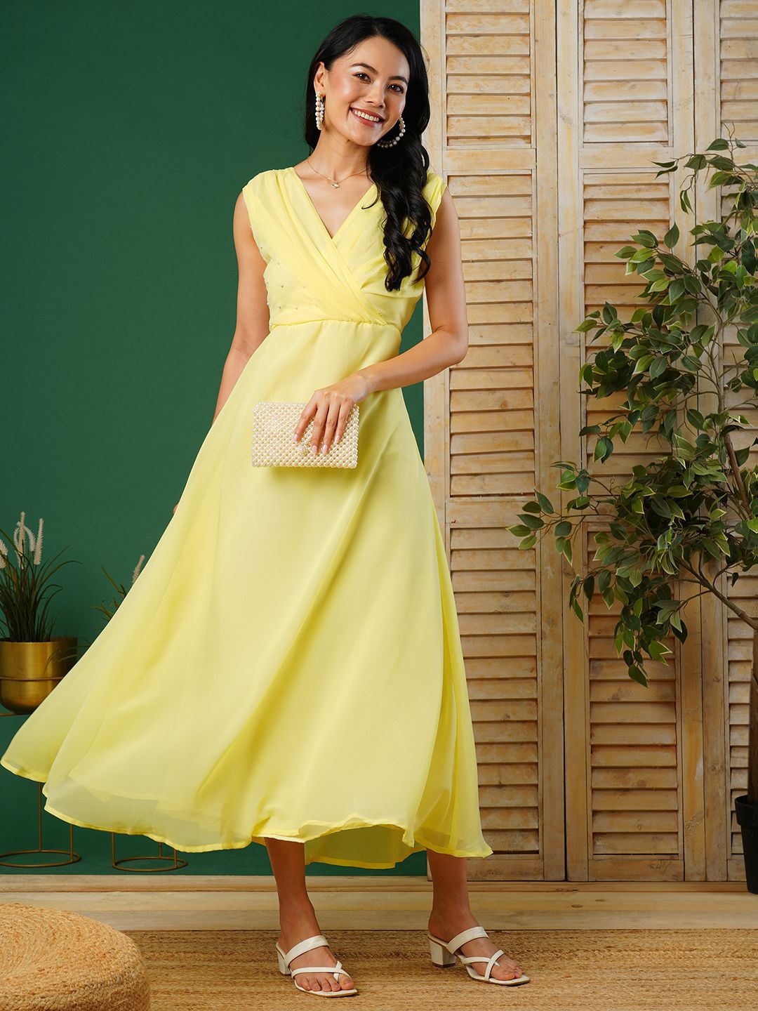 

CARTYSHOP Women V-Neck Fit and Flare Maxi Dress, Yellow