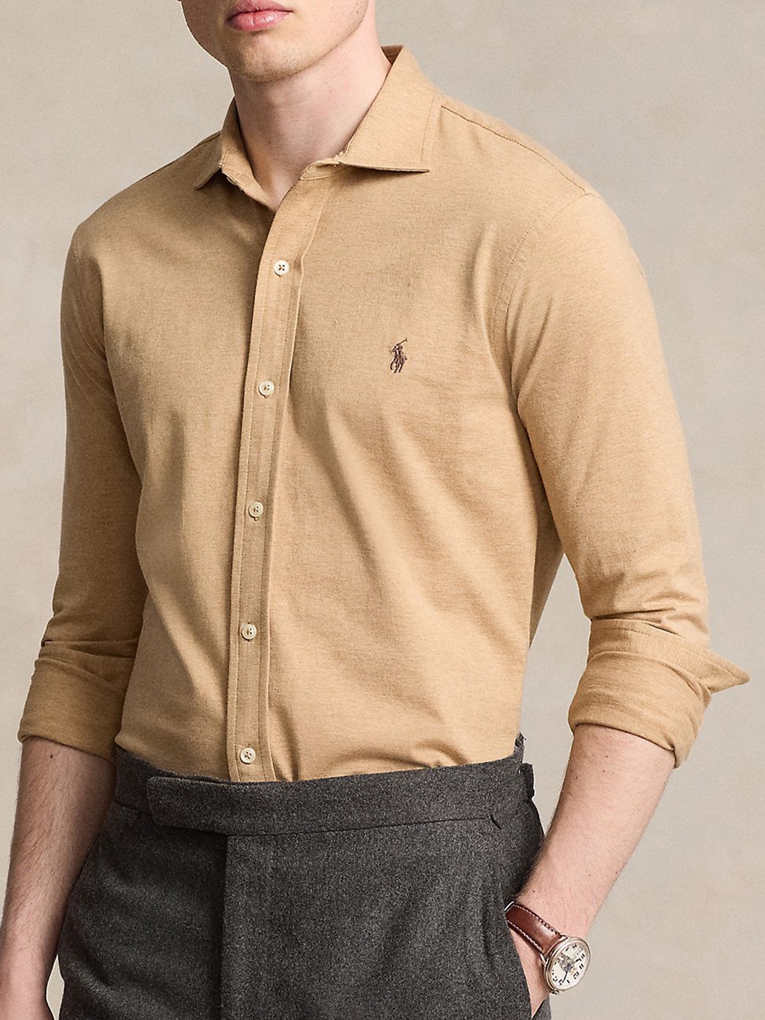

Polo Ralph Lauren Men Spread Collar Textured Cotton Slim Fit Casual Shirt, Beige