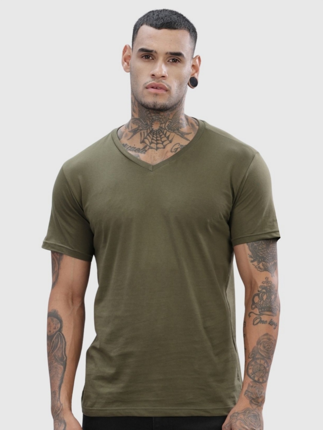 

ADRO Men Solid V-Neck Cotton T-shirt, Olive