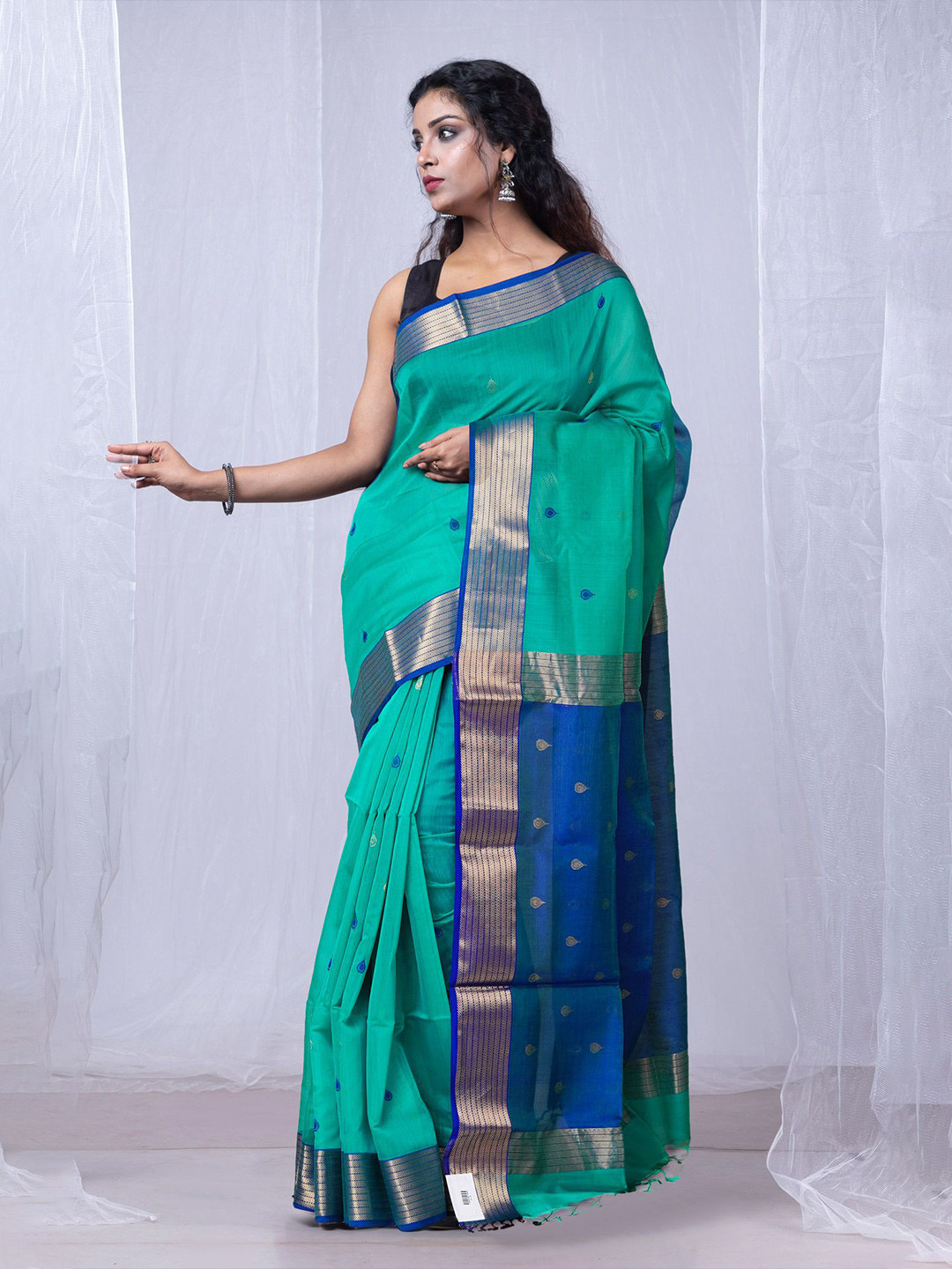 

Unnati Silks Silk Cotton Handloom Maheshwari Saree, Teal