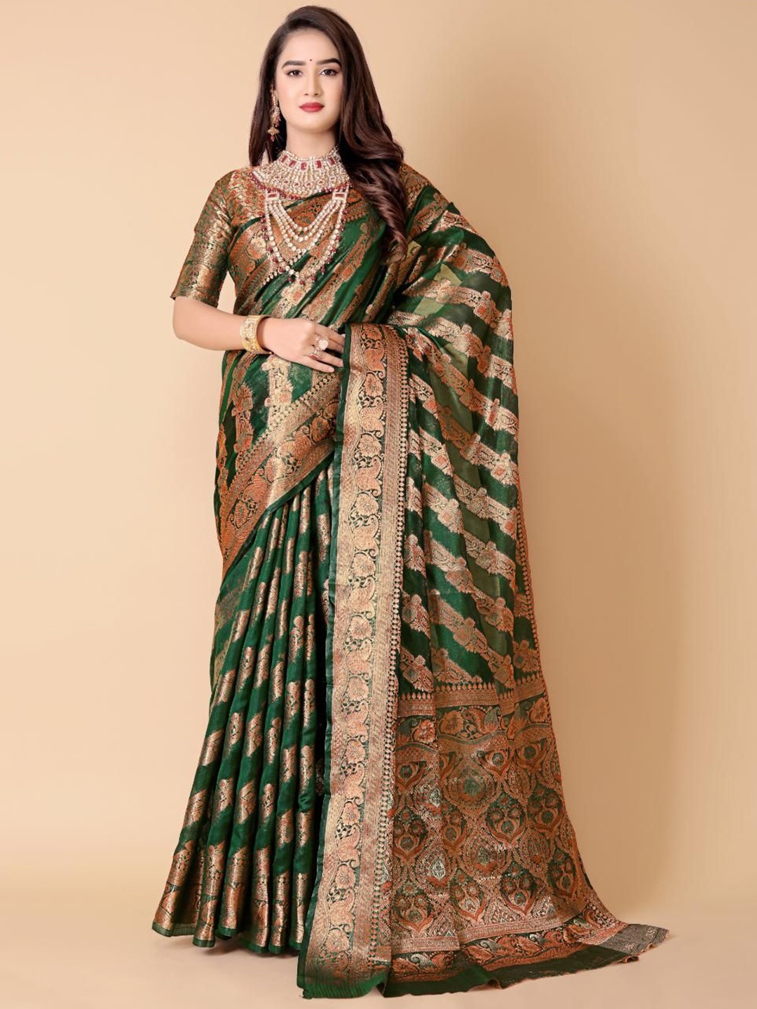 

JAY FASHION Zari Organza Leheriya Saree, Green