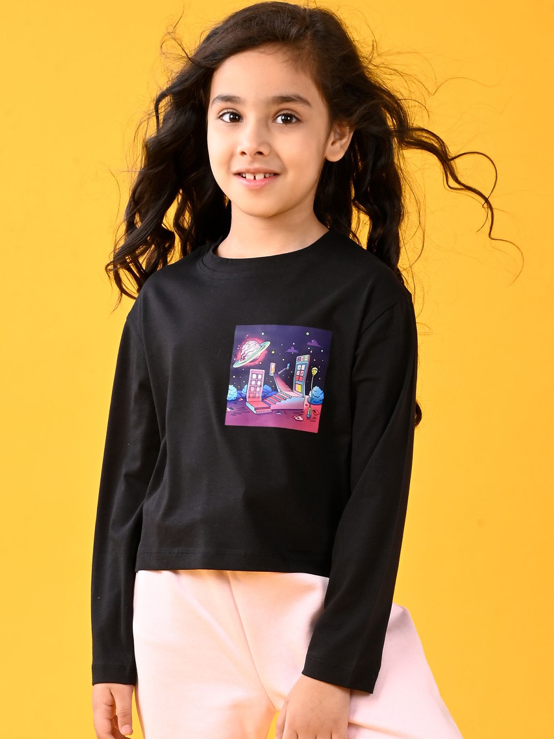 

Anthrilo Girls Graphic Printed Round Neck T-shirt, Black