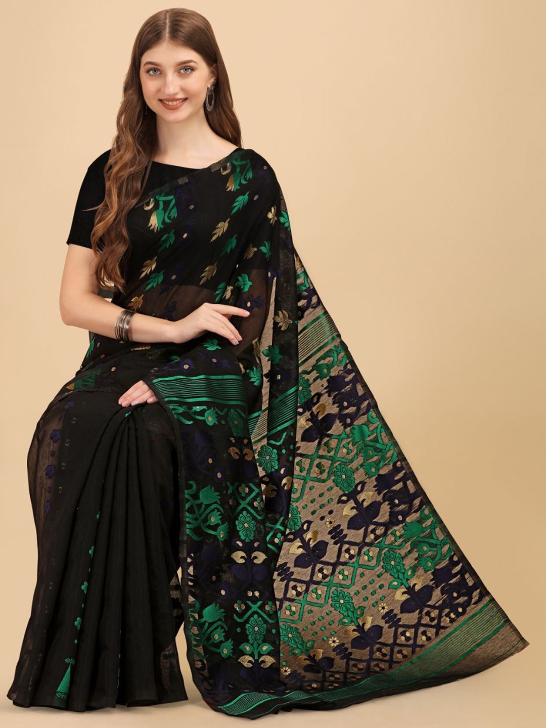 

HANDSEL Floral Woven Design Zari Pure Silk Banarasi Saree, Black