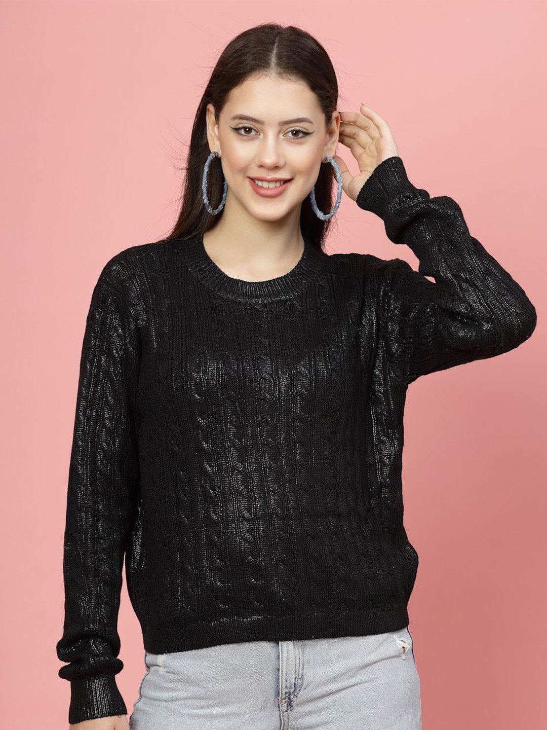 

Mafadeny Women Self Design Round Neck Top, Black