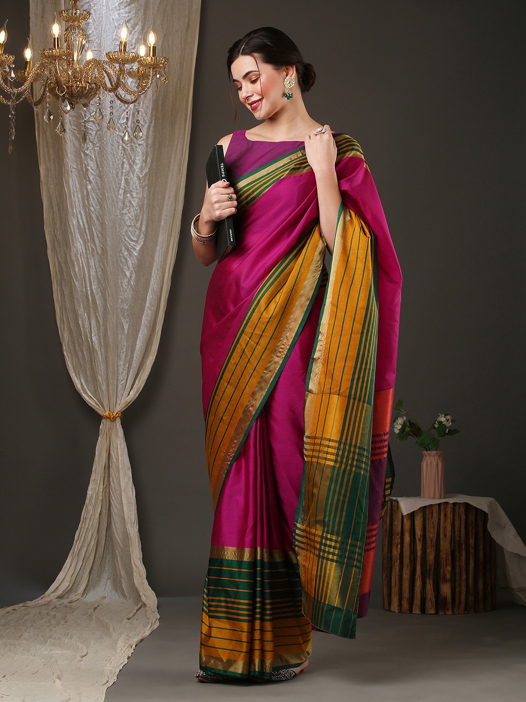 

KALINI Zari Silk Blend Taant Saree, Pink