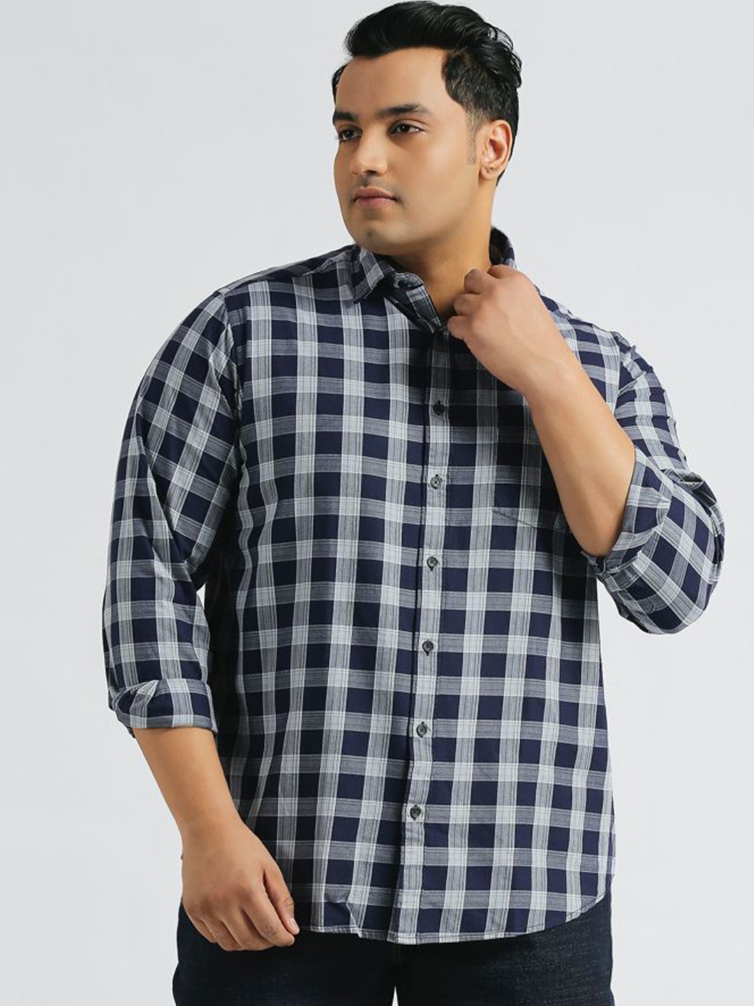 

Sizeupp Men Comfort Spread Collar Tartan Checked Cotton Casual Shirt, Navy blue