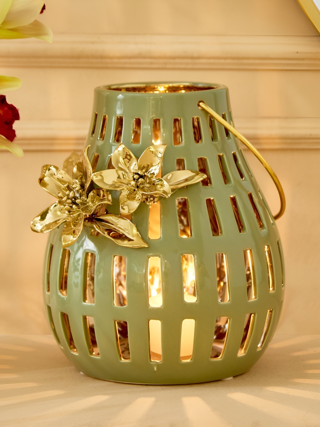 

Home Centre Green & Gold-Toned Textured Candle Holder