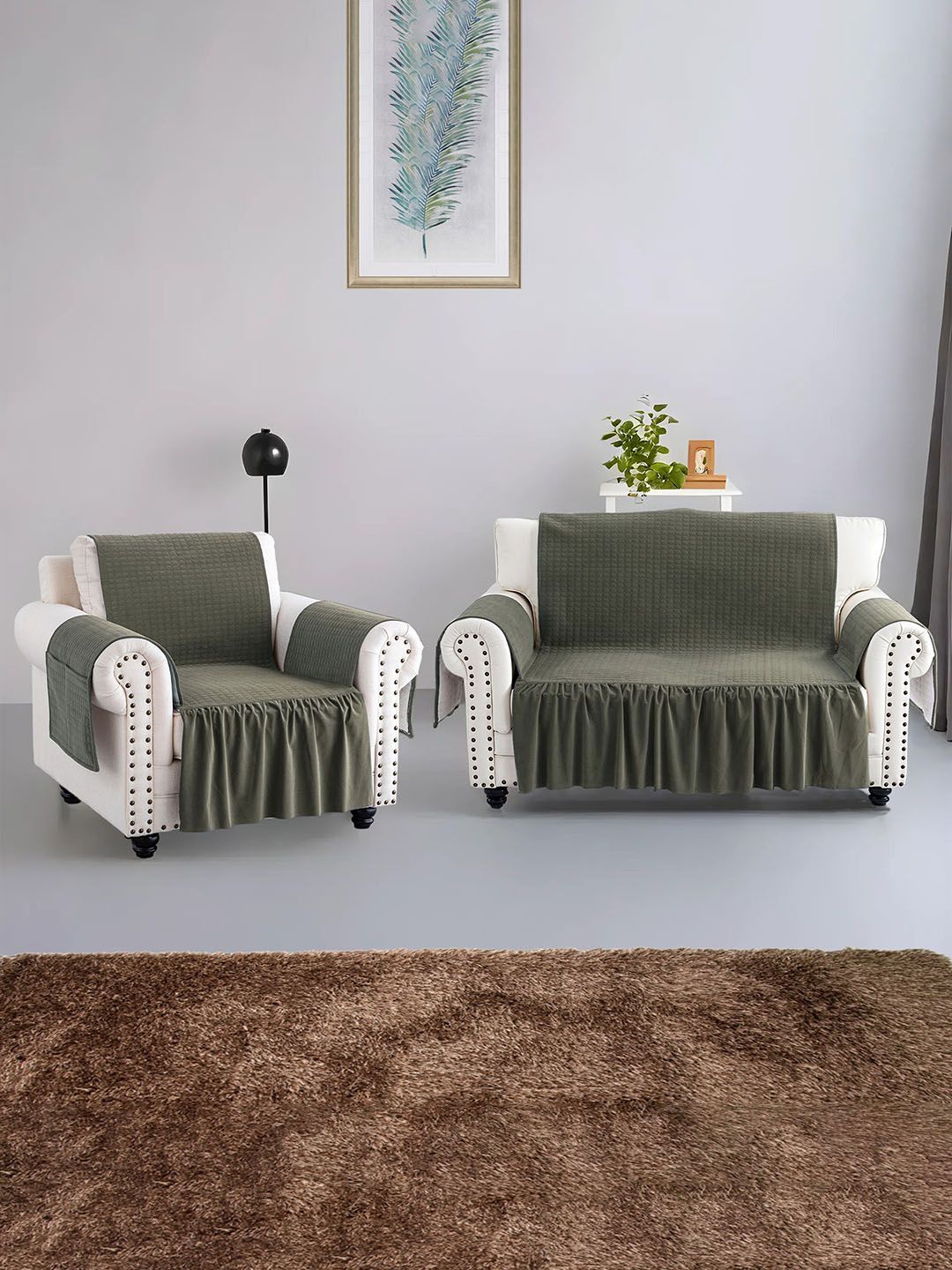 

Kuber Industries Green 2 Piece Velvet Sofa Cover With Arms