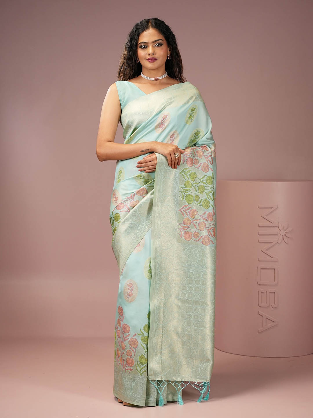 

MIMOSA Woven Design Floral Zari Banarasi Saree, Blue