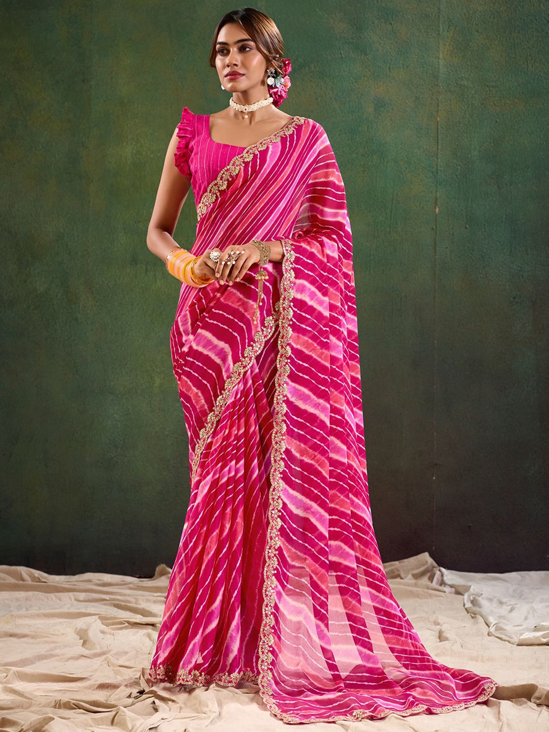 

Panzora Leheriya Embroidered Poly Chiffon Saree, Pink