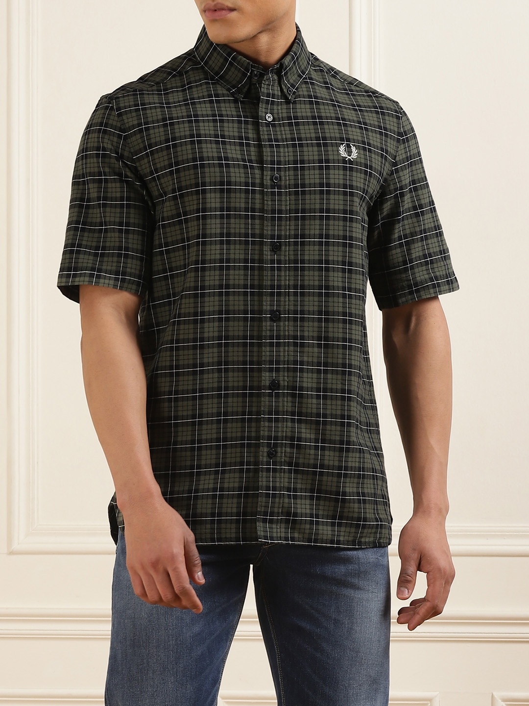 

Fred Perry Men Cotton Slim Fit Checked Casual Shirt, Green