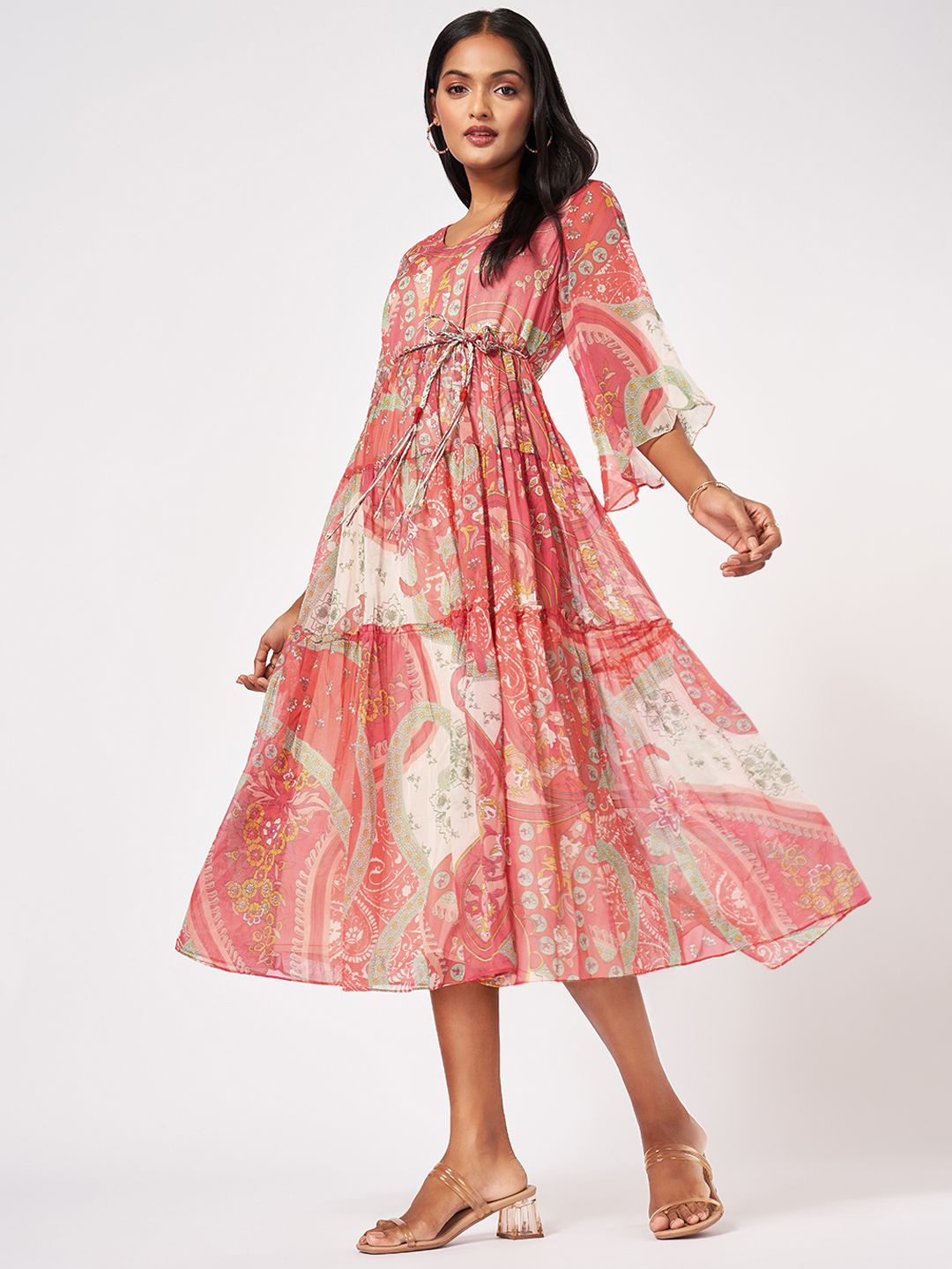 

Marigold Lane Ethnic Motifs Print Flared Sleeve Fit & Flare Midi Dress, Pink