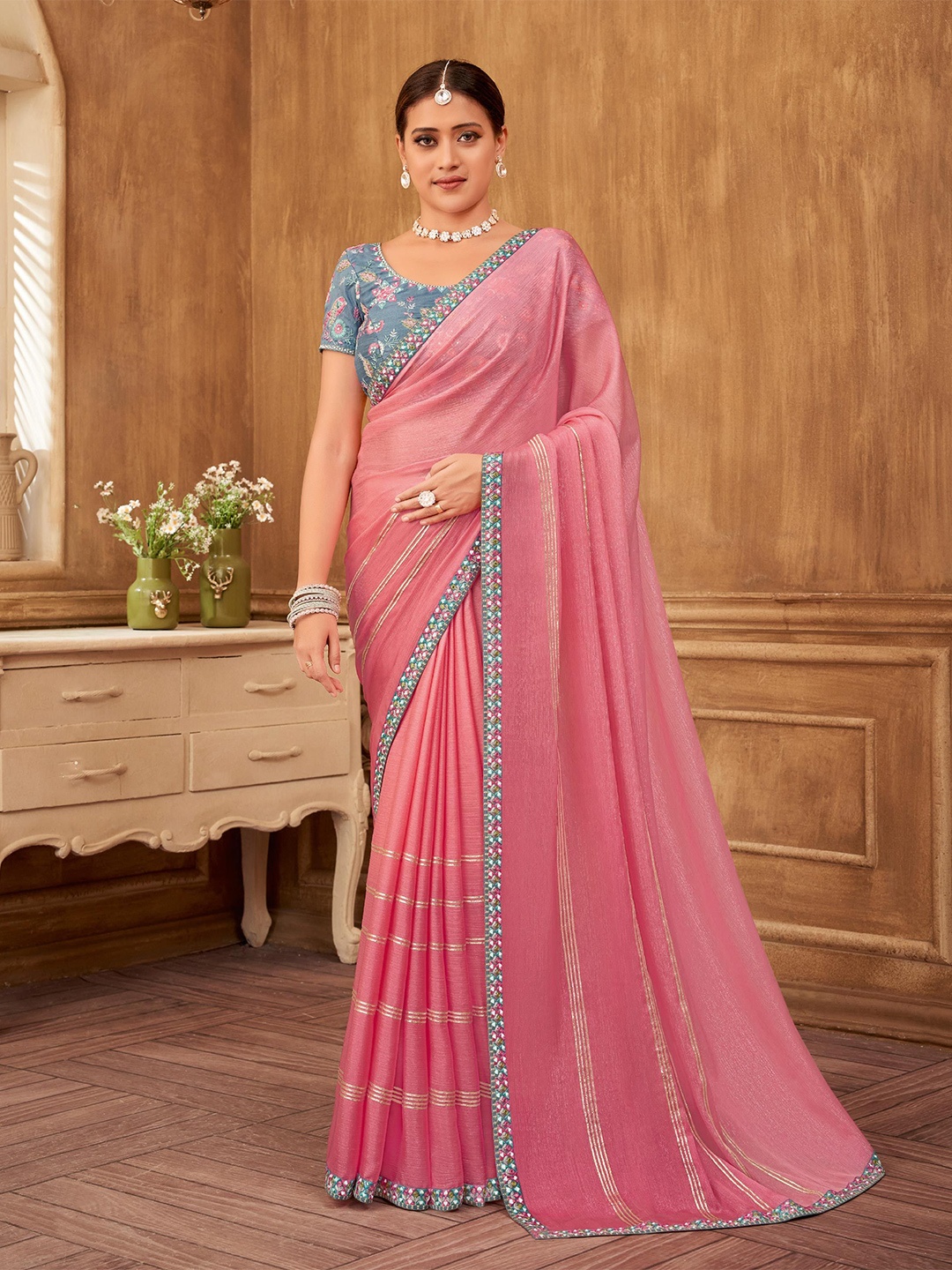 

Laxmipati Striped Poly Chiffon Designer Saree, Pink