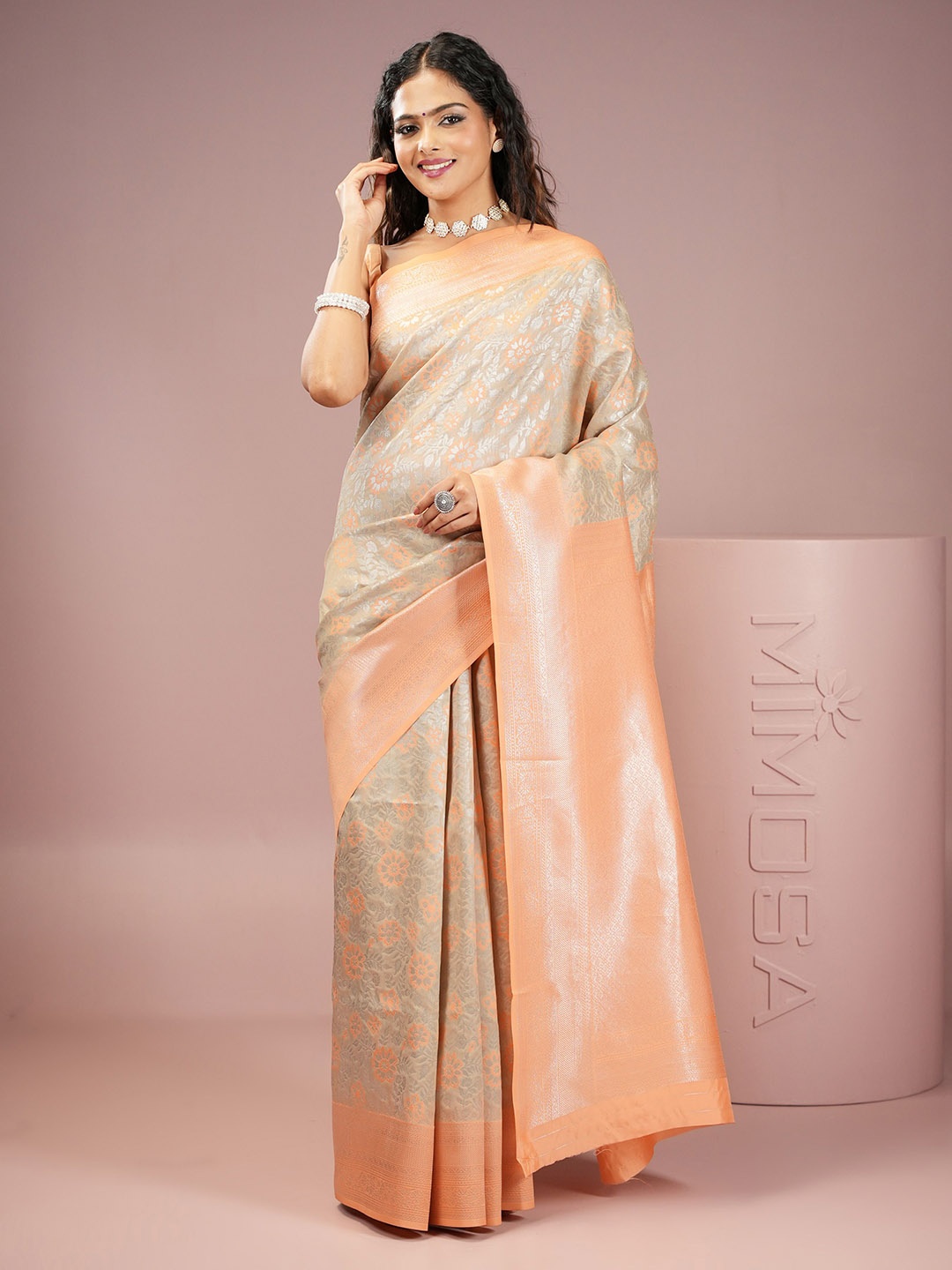 

MIMOSA Woven Design Zari Kanjeevaram Saree, Tan