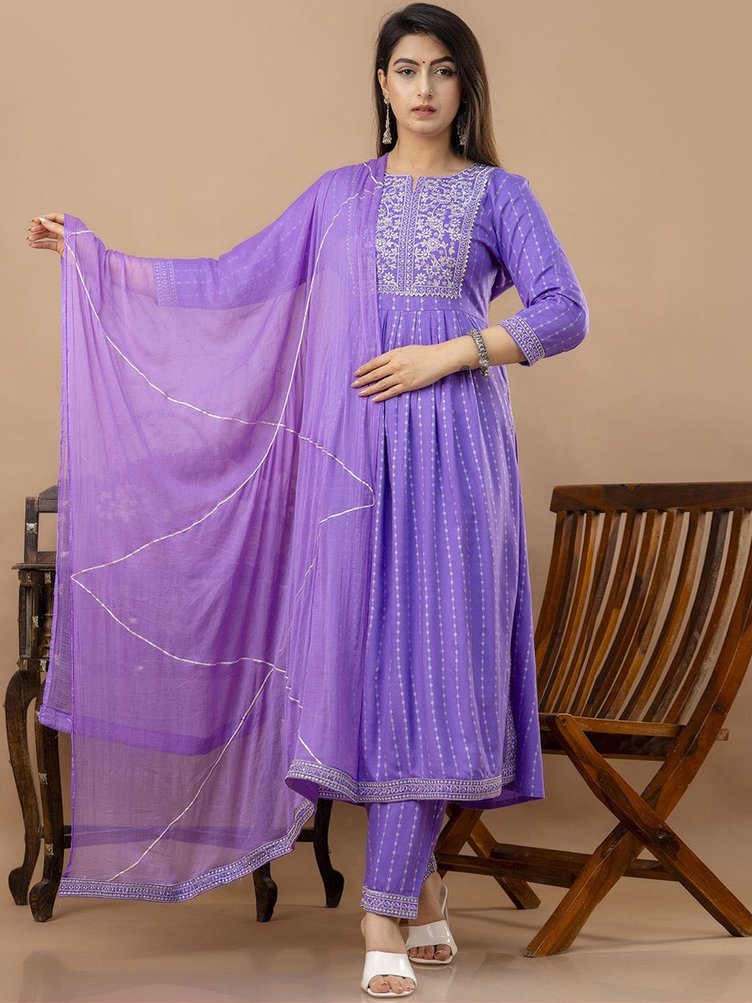 

Veshviti Women Embroidered Pleated Mirror Work Kurta with Trousers & With Dupatta, Purple