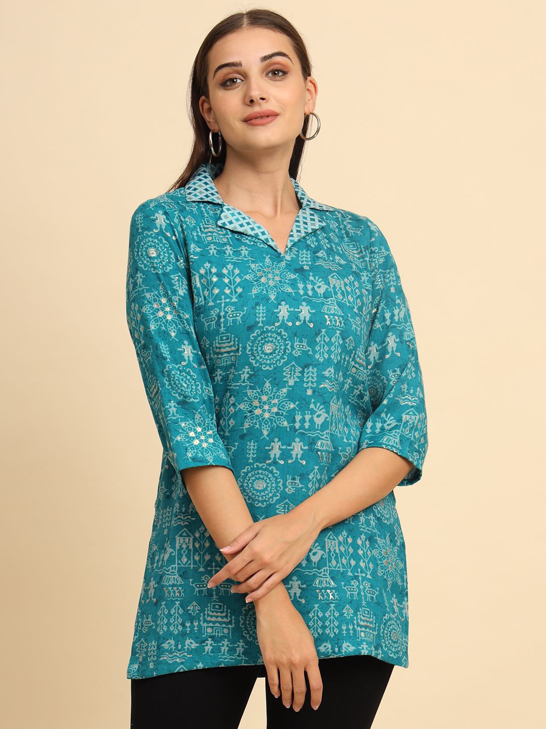 

Anouk Rustic Women Printed Shirt Collar Tunic, Blue