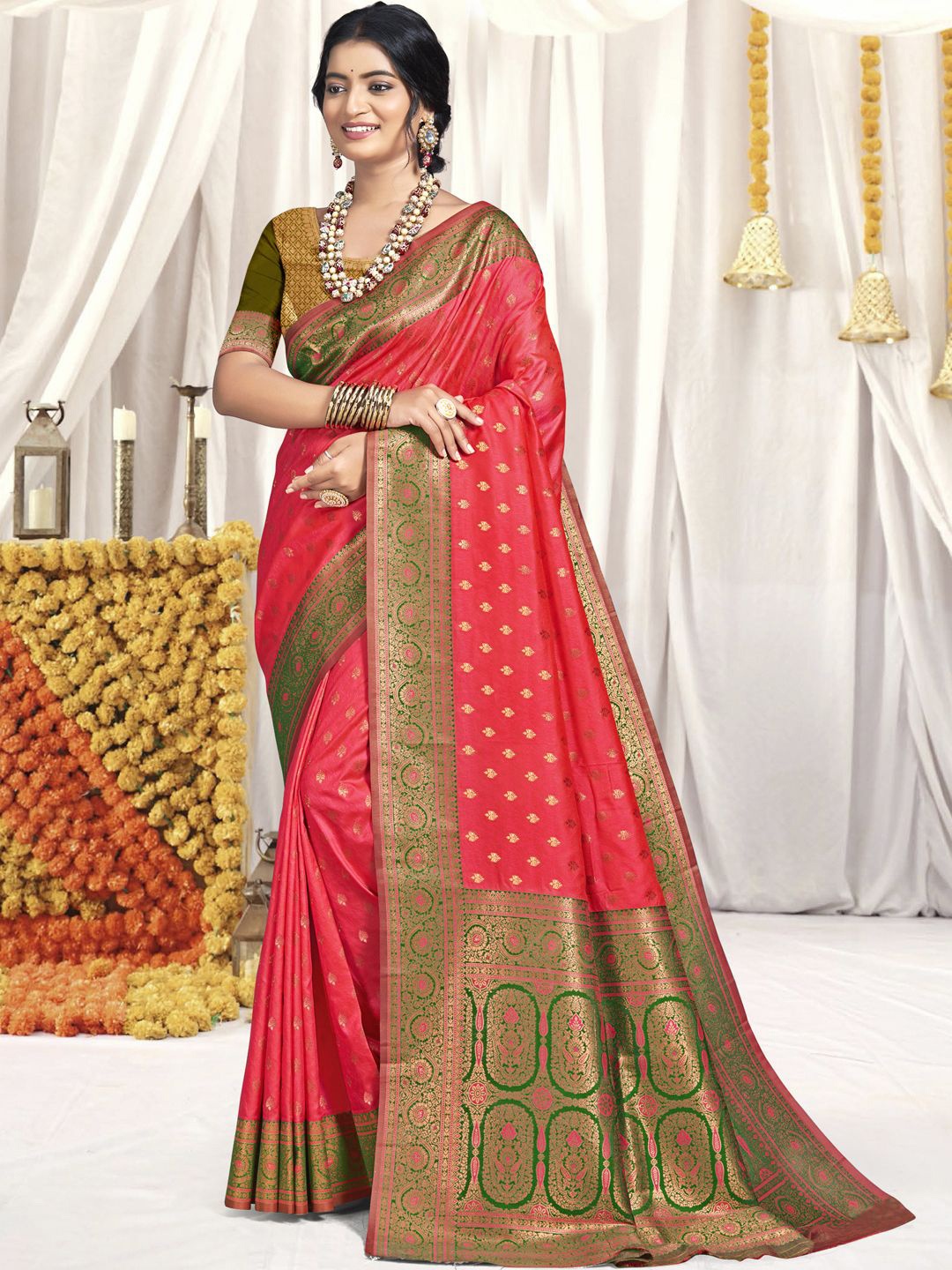 

SANGAM PRINTS Woven Design Zari Silk Blend Tussar Saree, Pink