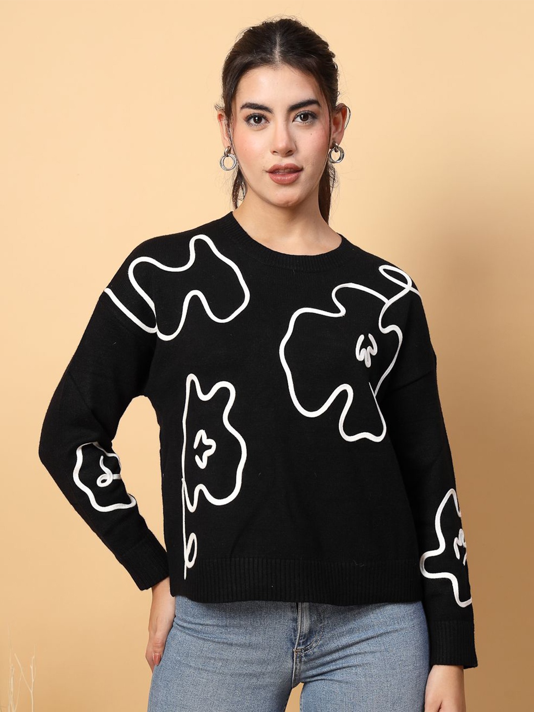 

Mafadeny Women Graphic Printed Sweater, Black
