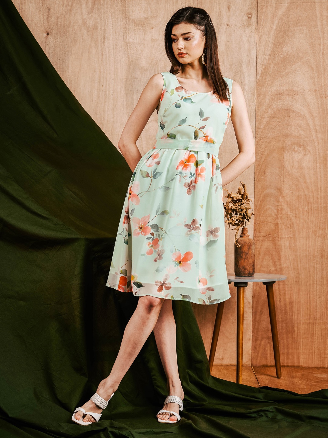 

MISH Floral Print Georgette Fit & Flare Dress, Green