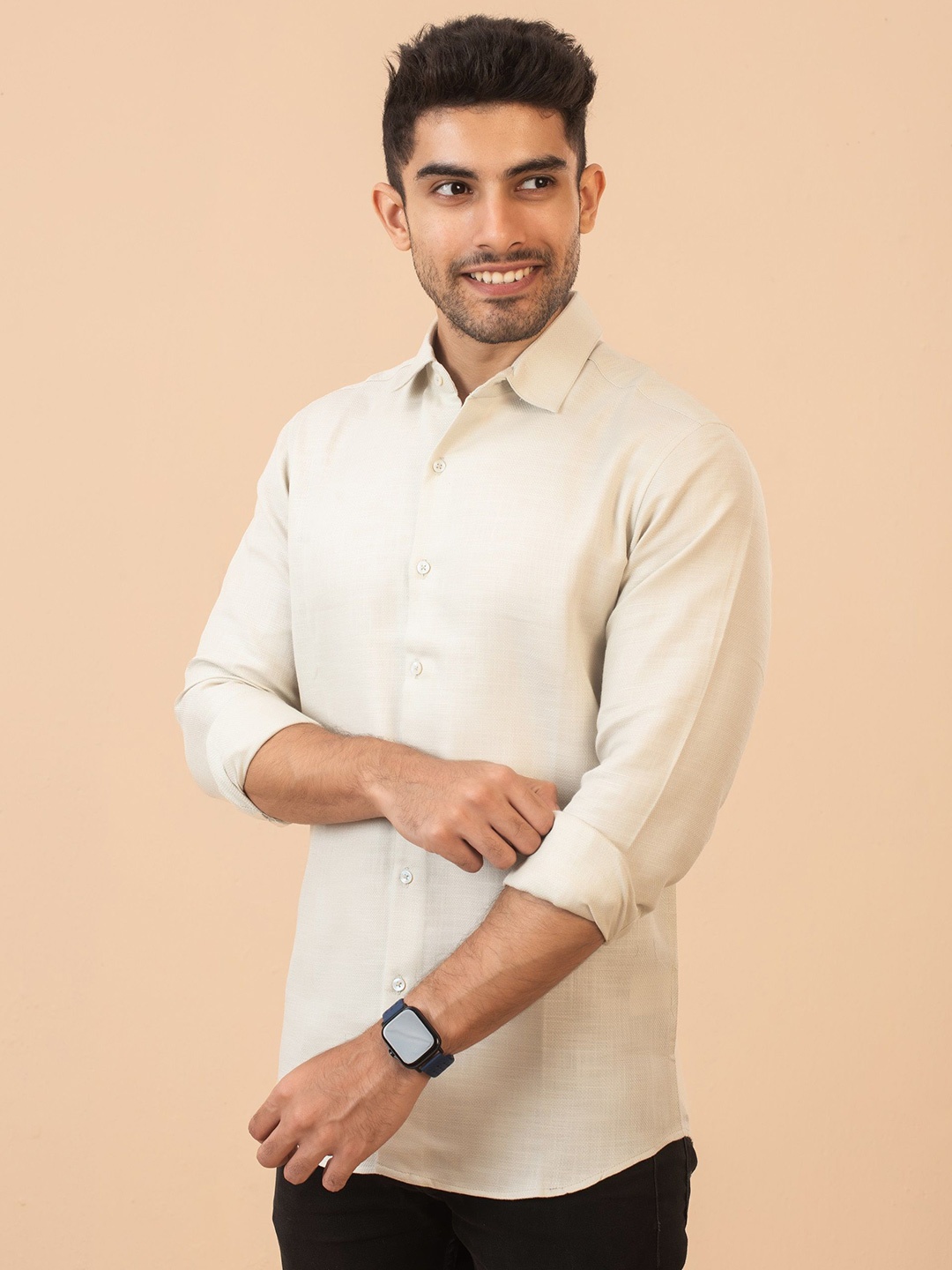 

The Bleu Label Men Classic Spread Collar Solid Cotton Slim Fit Casual Shirt, Cream