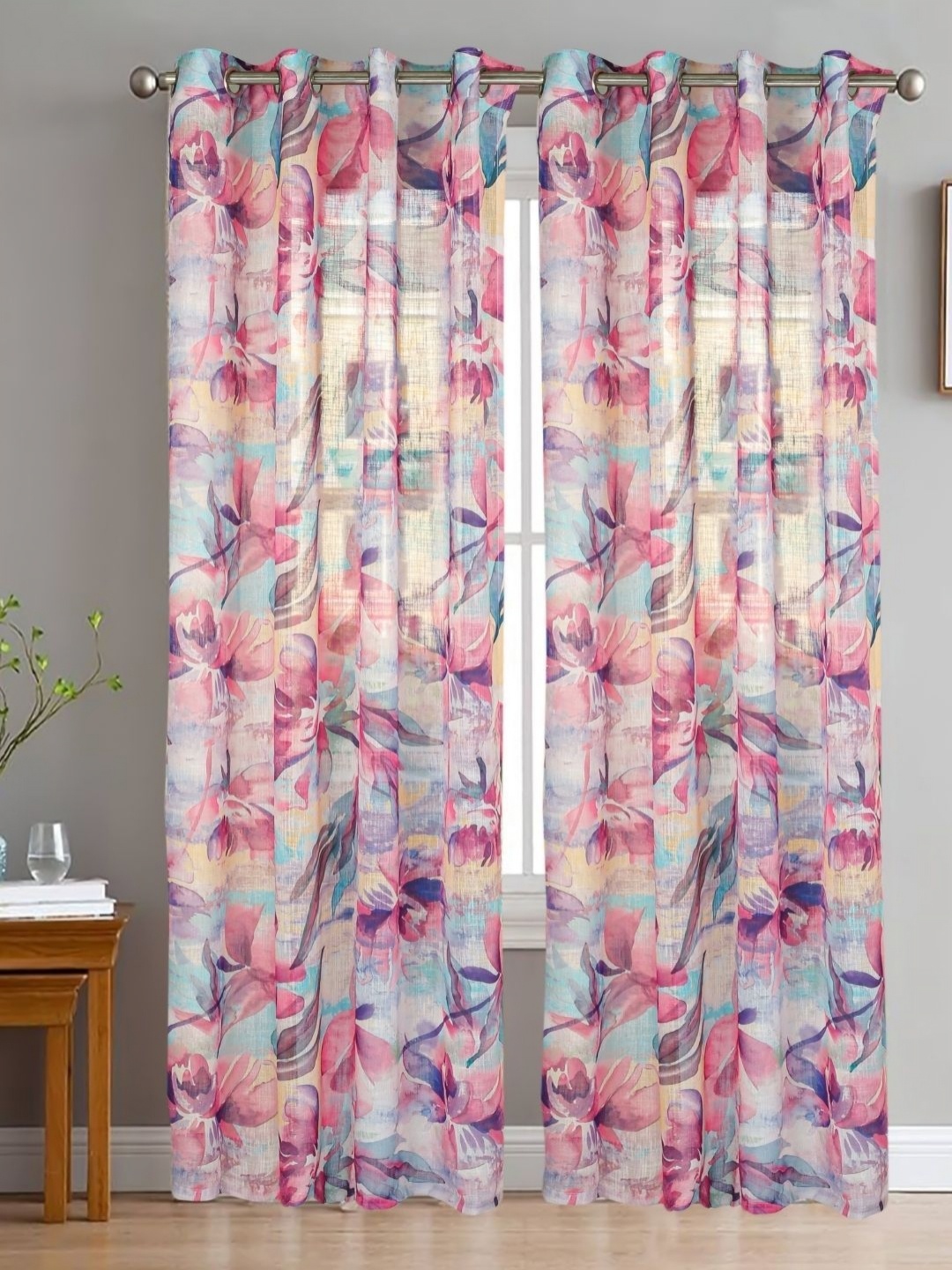 

HOMADORN Purple & Blue 2 Pieces Floral Printed Linen Sheer Window Curtains