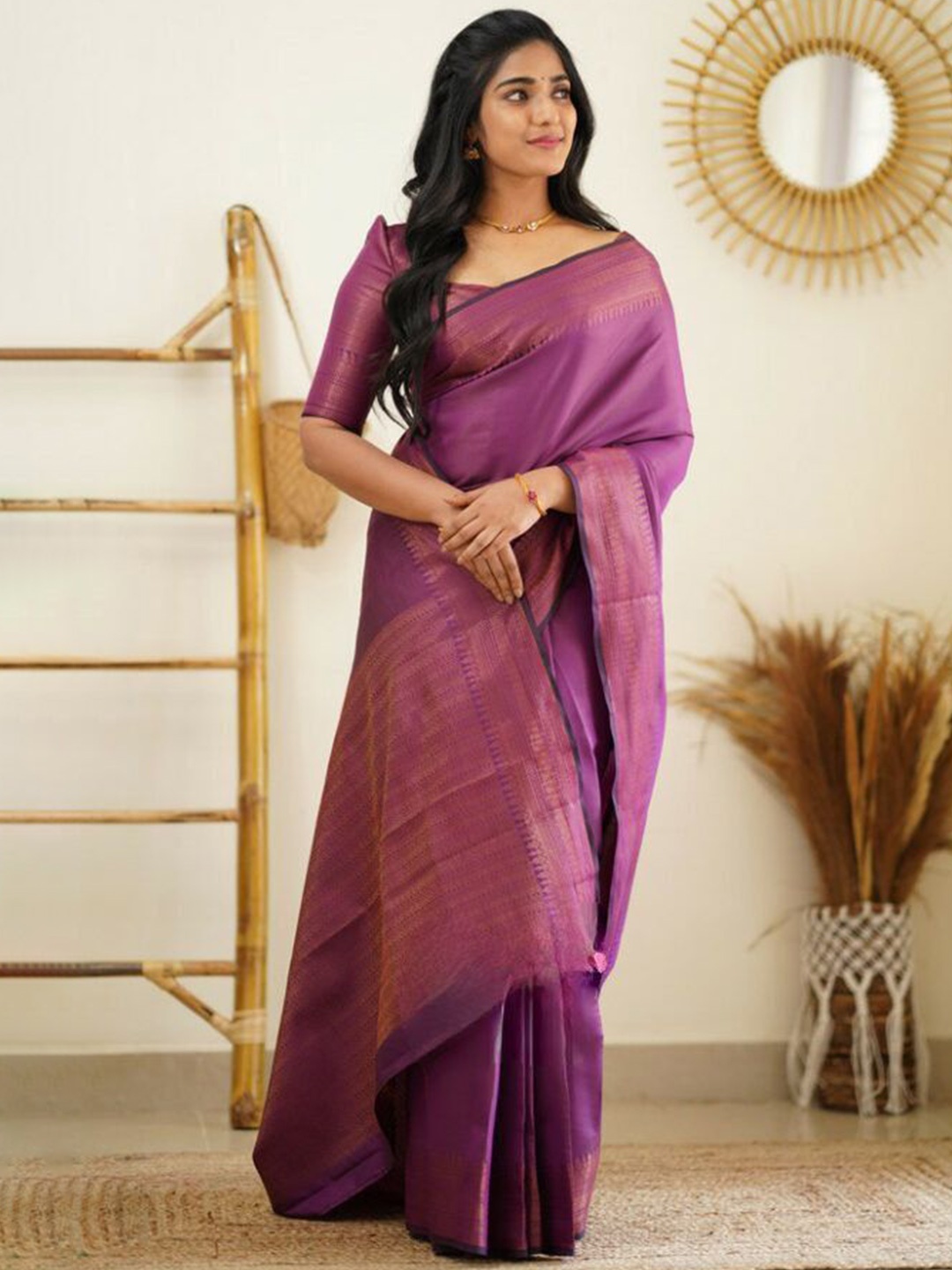 

HANDSEL Woven Design Zari Pure Silk Banarasi Saree, Purple