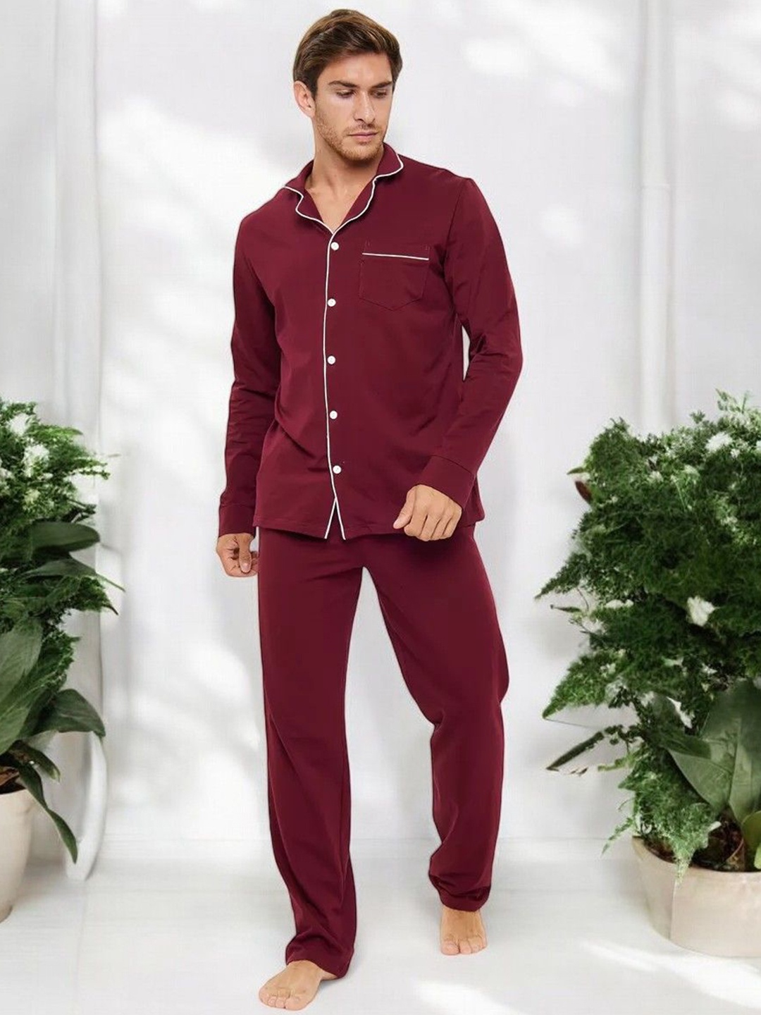 

Bella Babe by SK Lapel Collar Pure Cotton Night suit, Maroon