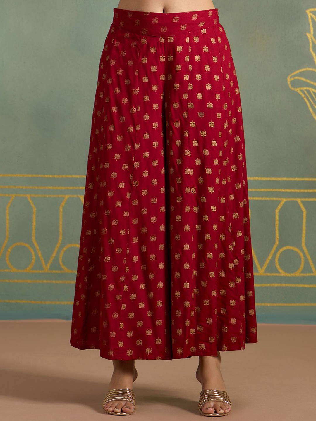 

Likha Women Ethnic Motifs Printed Flared Ethnic Palazzos, Maroon