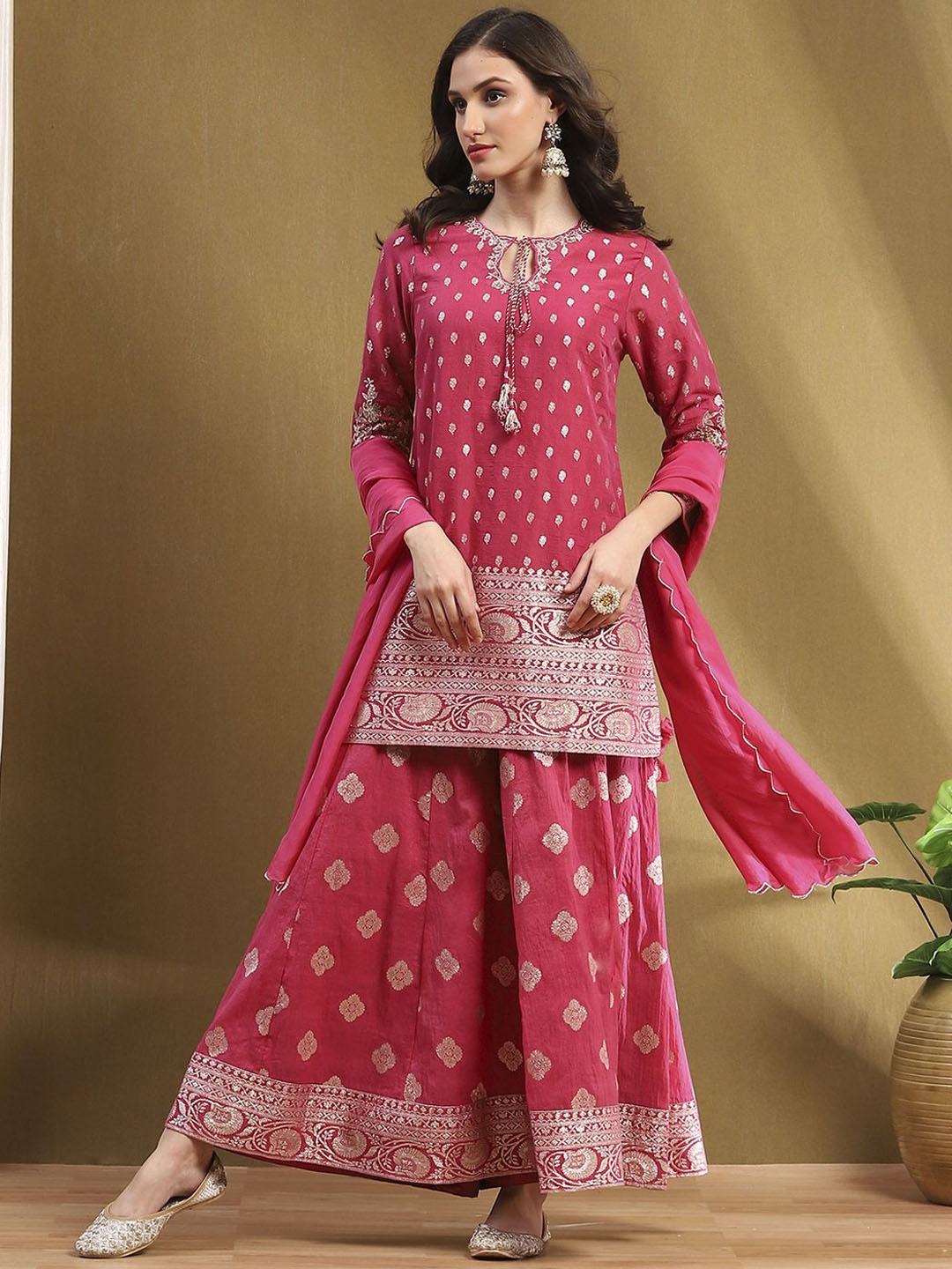 

Biba Women Woven Design Kurta with Sharara & With Dupatta, Pink