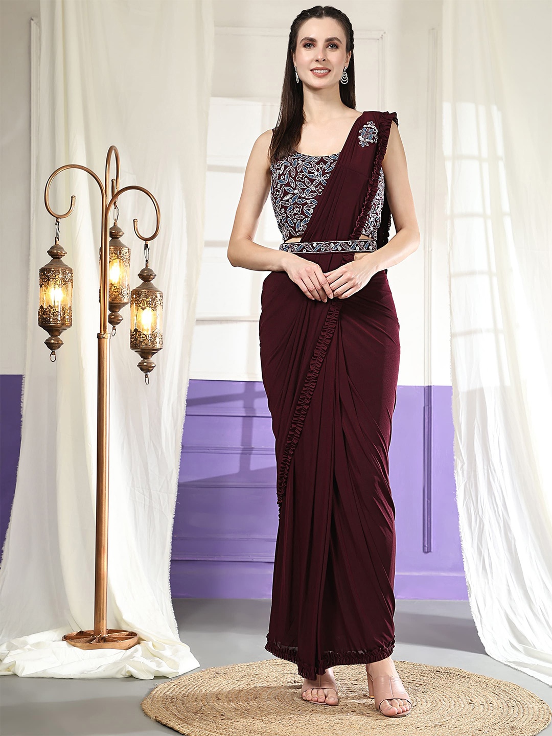 

AMOHA TRENDZ Embellished Beads and Stones Ready to Wear Saree, Maroon