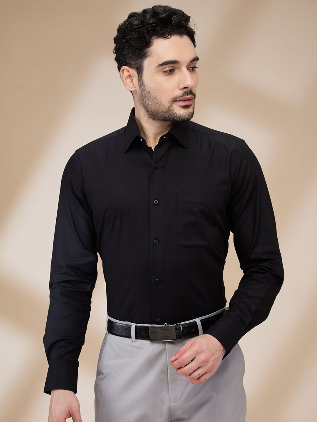 

Raymond Men Spread Collar Solid Cotton Formal Shirt, Black