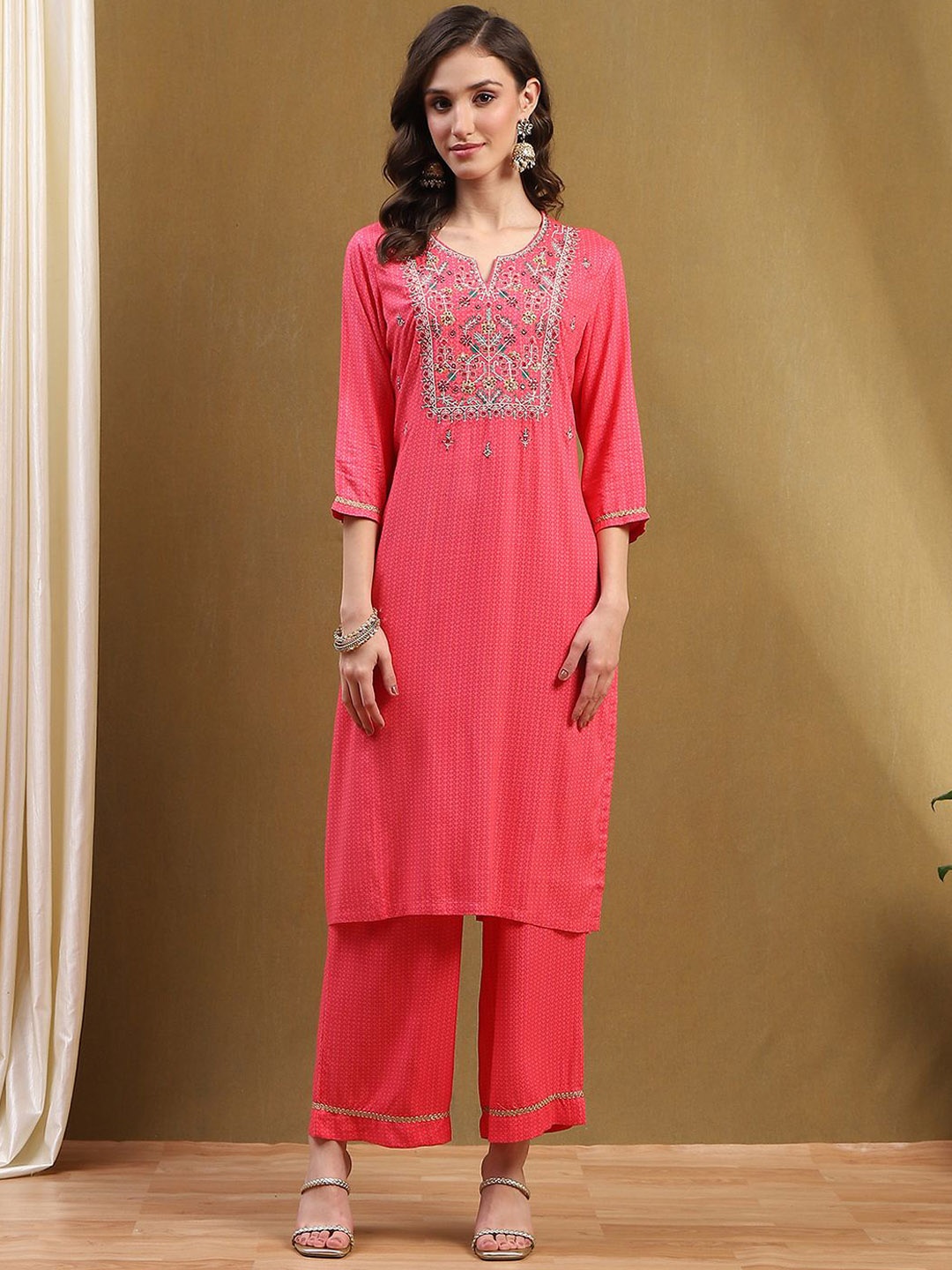 

Biba Women Round Neck Kurta with Palazzos & With Dupatta, Pink