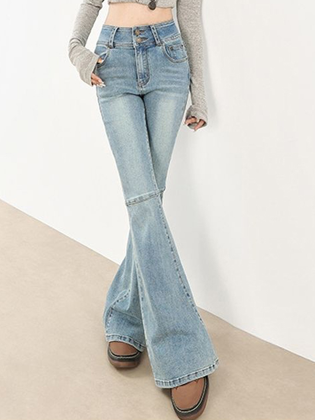 

LULU & SKY Women Flared High-Rise Slash Knee Light Fade Jeans, Blue