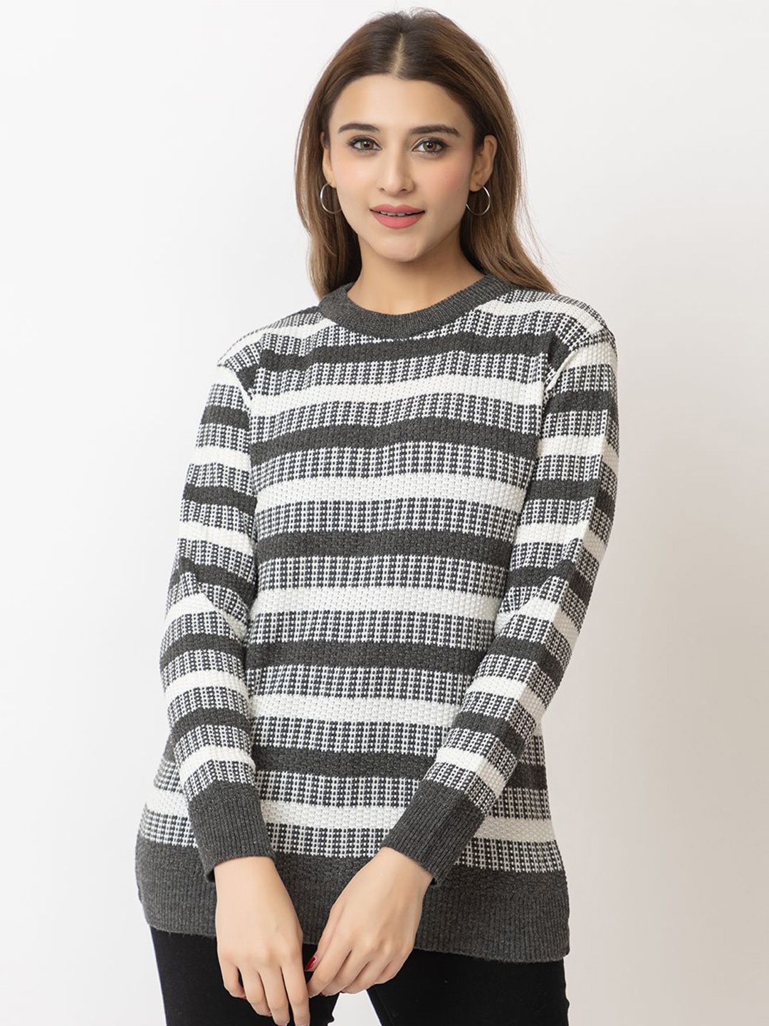 

LEZA Women Striped Cable Knit Pullover, Grey