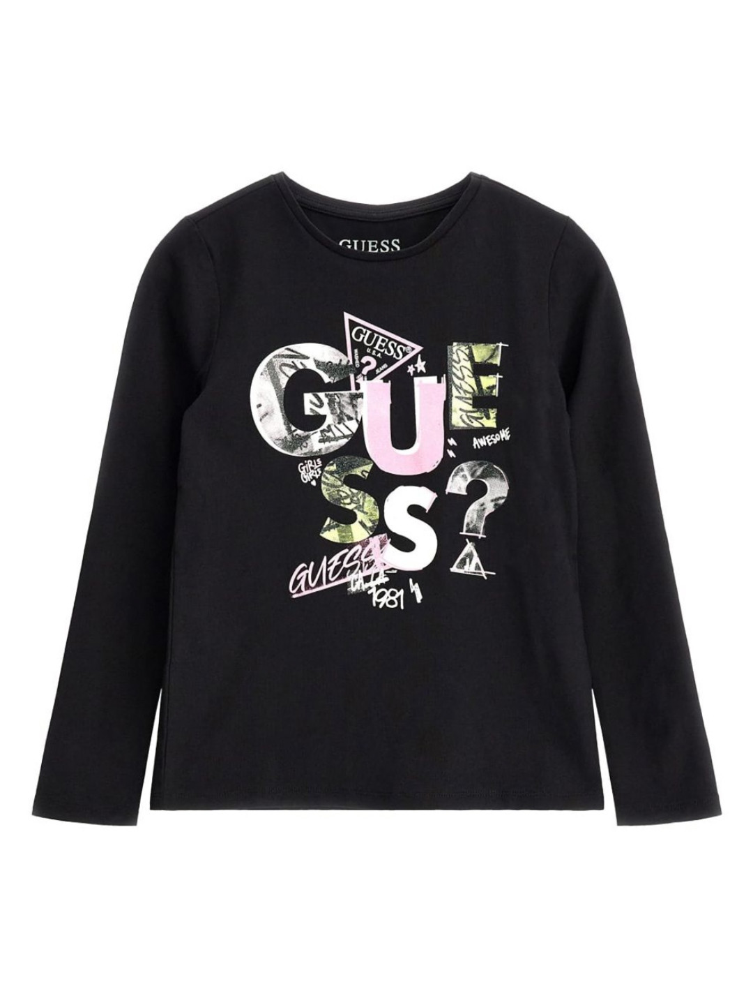 

GUESS kids Girls Graphic Printed Round Neck Cotton T-shirt, Black